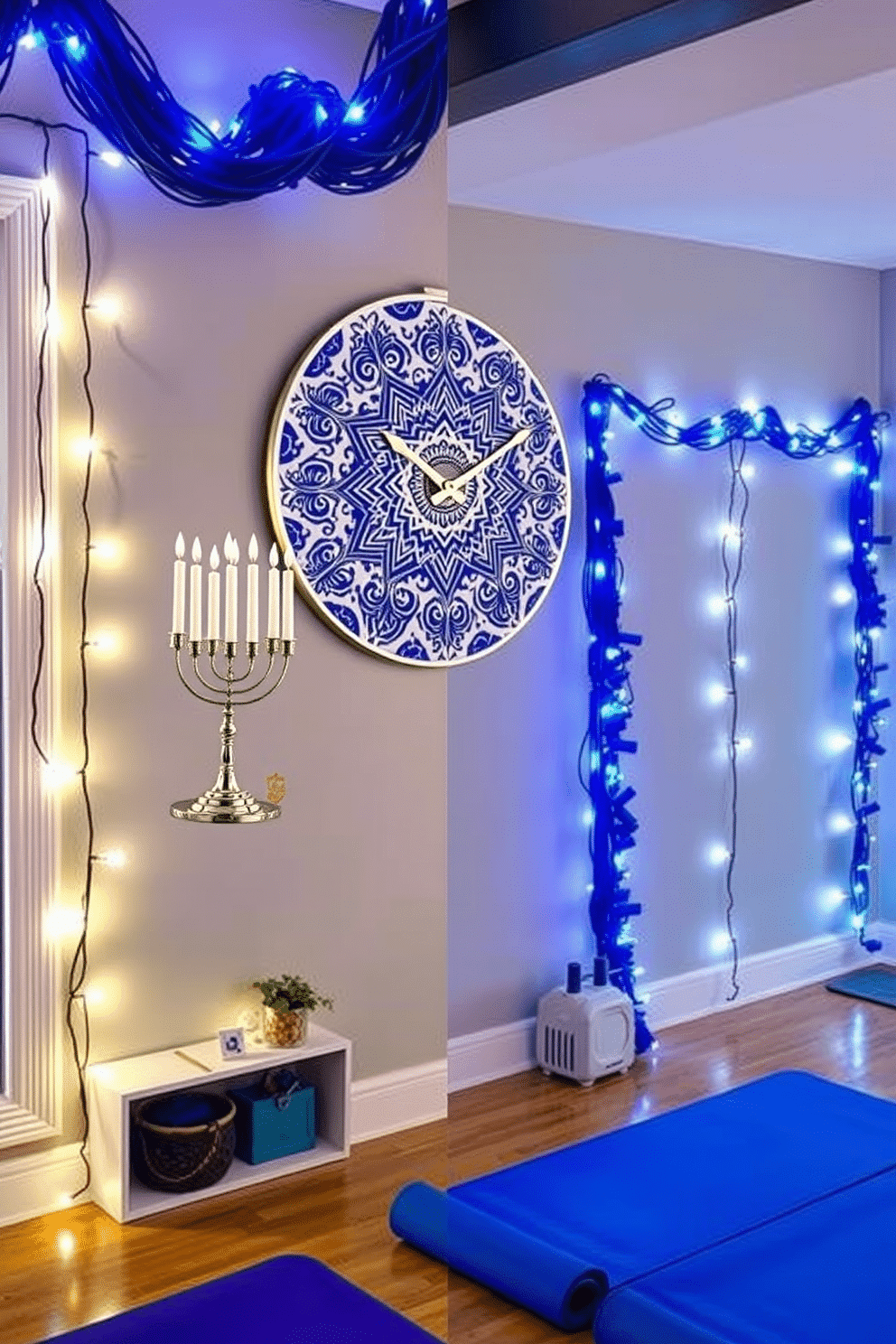 A beautifully designed Hanukkah-themed clock features intricate blue and white patterns reminiscent of traditional menorahs. The clock is adorned with silver accents, and its hands are shaped like dreidels, bringing a festive touch to any room. The home gym is elegantly decorated for Hanukkah with string lights in shades of blue and white, creating a warm and inviting atmosphere. A large menorah stands prominently on a shelf, while yoga mats in festive colors are neatly arranged for a stylish workout space.