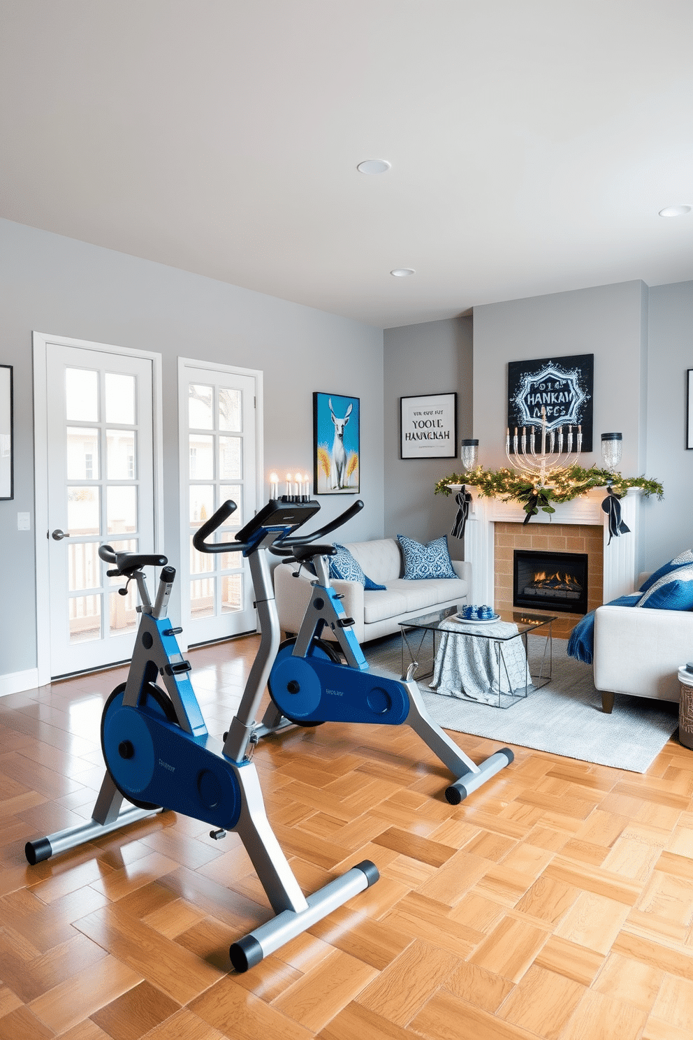 A modern home gym featuring two sleek blue and silver exercise bikes positioned on a polished wooden floor. The walls are painted a calming light gray, adorned with motivational artwork, and large windows allow natural light to flood the space. A festive Hanukkah-themed living room decorated with a beautifully lit menorah on a glass coffee table. The room features a cozy sofa draped with blue and silver throw blankets, and a stunning blue and white dreidel centerpiece is placed on the mantelpiece, surrounded by twinkling fairy lights.