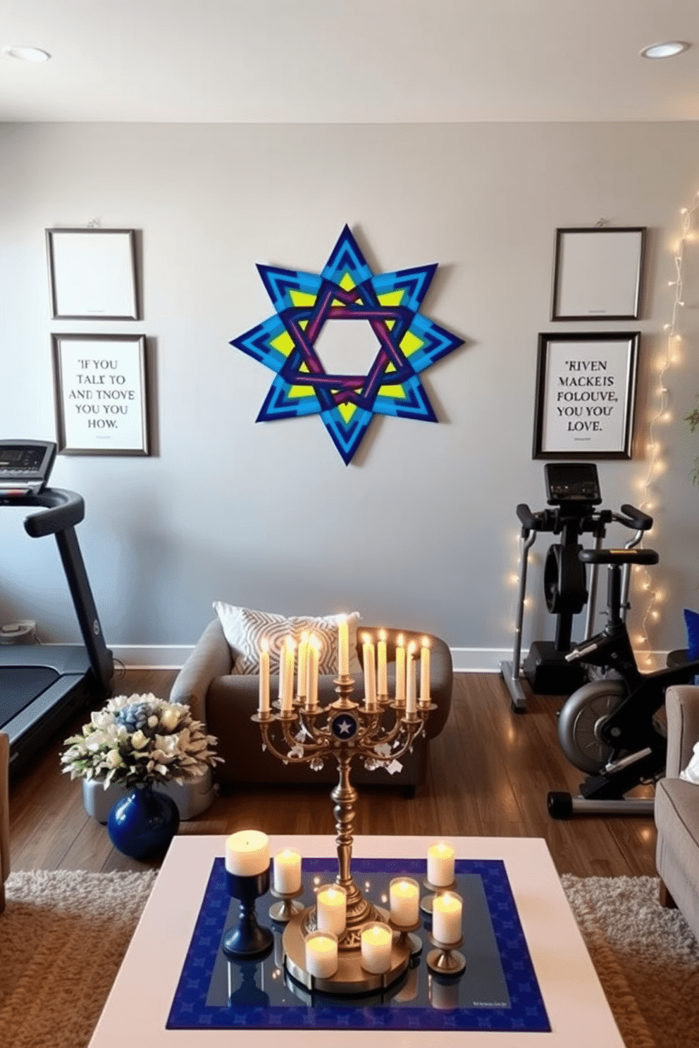 A vibrant home gym featuring a large, colorful Star of David wall art as the focal point. The space is equipped with modern exercise equipment, including a treadmill and weights, and has motivational quotes in elegant frames adorning the walls. For Hanukkah decorating ideas, envision a cozy living room adorned with blue and silver accents. A beautifully decorated menorah sits on the coffee table, surrounded by festive candles and a backdrop of twinkling fairy lights.