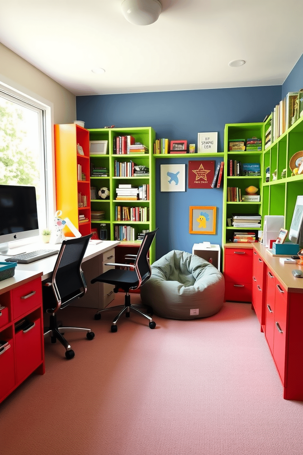 A vibrant and inviting home office and playroom combo features a spacious desk with a sleek design, positioned near a large window that allows natural light to flood the space. Brightly colored shelving units line the walls, filled with books, toys, and art supplies, creating an inspiring environment for both work and play. In one corner, a cozy reading nook is set up with a plush bean bag chair and a small bookshelf, encouraging relaxation and creativity. The flooring is a soft, durable carpet in a playful pattern, providing a comfortable area for children to play while maintaining a professional atmosphere for adults.