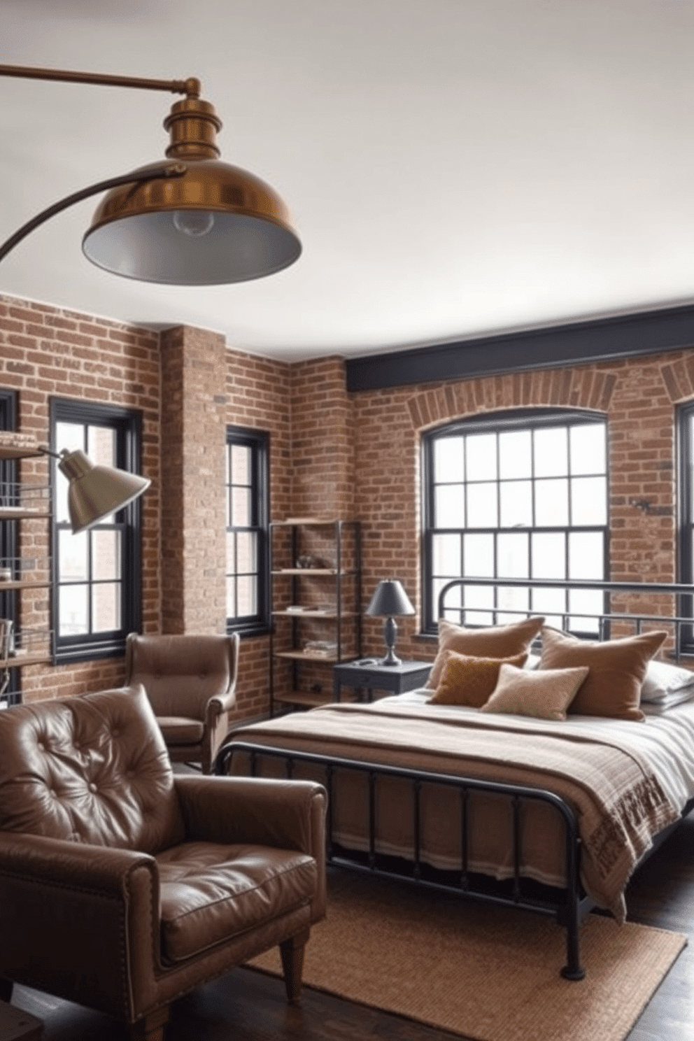 An industrial-inspired loft bedroom with exposed brick walls as the focal feature. A black metal bed frame with neutral-toned linens sits against the brick, accented with oversized throw pillows in earth tones. To the left, a large industrial-style floor lamp with a brass finish arches over a cozy reading nook with a distressed leather armchair. Black-framed windows bring in natural light, while metal shelving and wooden accents complete the rugged aesthetic.