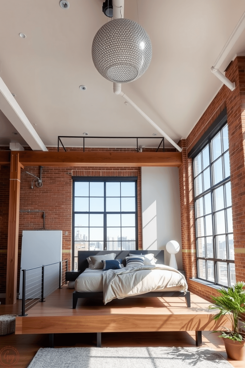 A modern loft bedroom with high ceilings that feature an oversized statement light fixture, such as an intricate pendant or a dramatic chandelier, creating a focal point in the space. Large windows allow natural light to flood the room, complementing bold industrial design elements like exposed beams and brick walls. The bed is elevated on a minimalist platform, dressed with cozy neutral-toned linens and accent cushions that bring warmth to the airy space. A sleek metal railing outlines a mezzanine area, while soft rugs and greenery lend a touch of softness to the urban aesthetic.