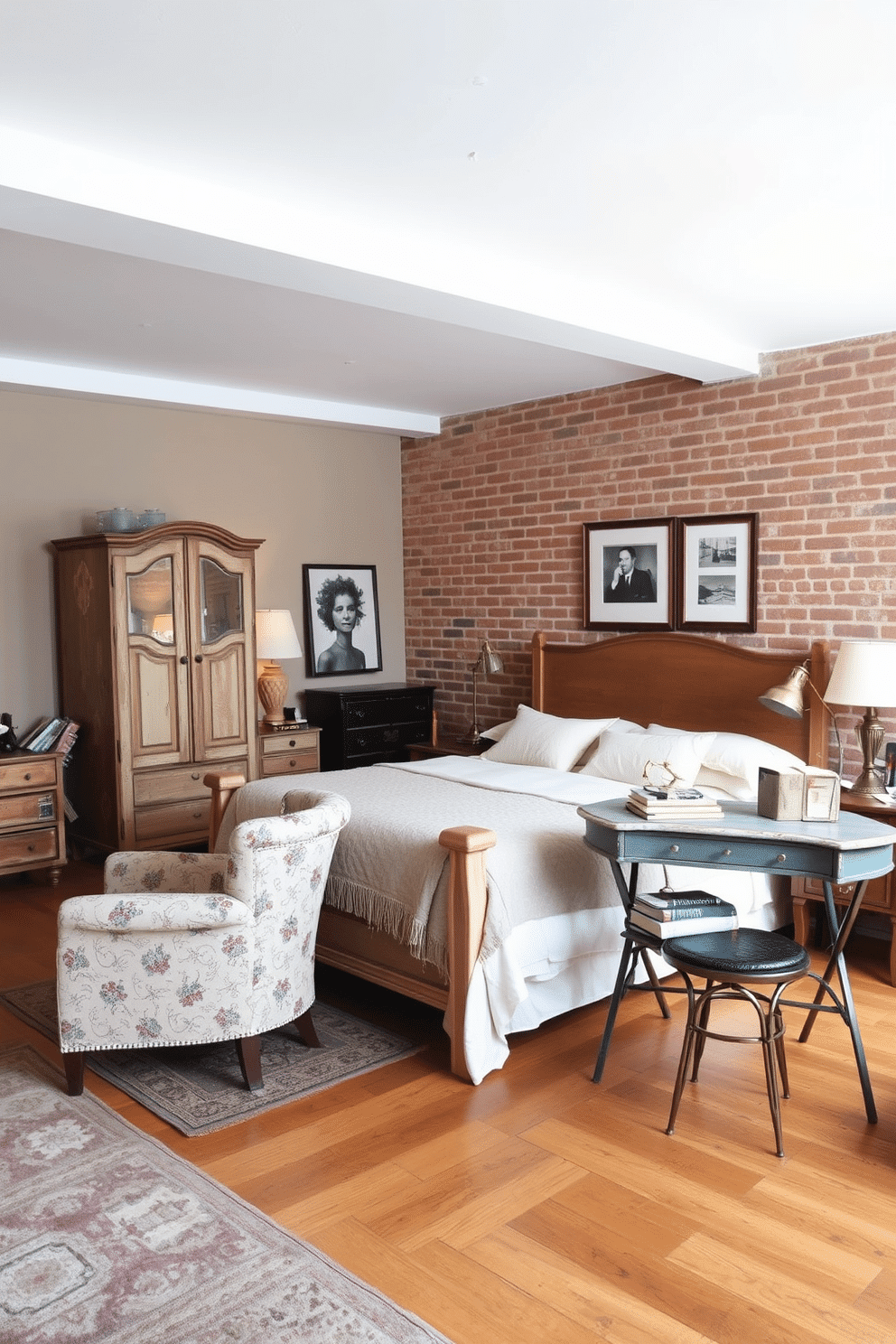 A cozy loft bedroom with a vintage charm. The centerpiece is a queen-sized bed adorned with a distressed wood headboard, layered with soft cream linens and a quilted throw. Flanking the bed are mismatched bedside tables, each with a weathered finish and topped with antique-style lamps. A classic wardrobe with peeling paint stands in one corner, next to an overstuffed armchair in a floral upholstery. The walls are painted in a soft taupe shade, complemented by exposed brick showcasing the loft's industrial roots. Wide plank wood flooring adds warmth, layered with a faded Persian rug in muted tones. Against one wall, there’s a distressed writing desk paired with a metal-framed stool, styled with a stack of vintage books and a brass desk lamp. Framed black-and-white photographs hang above the desk, completing the vintage-inspired ambiance.