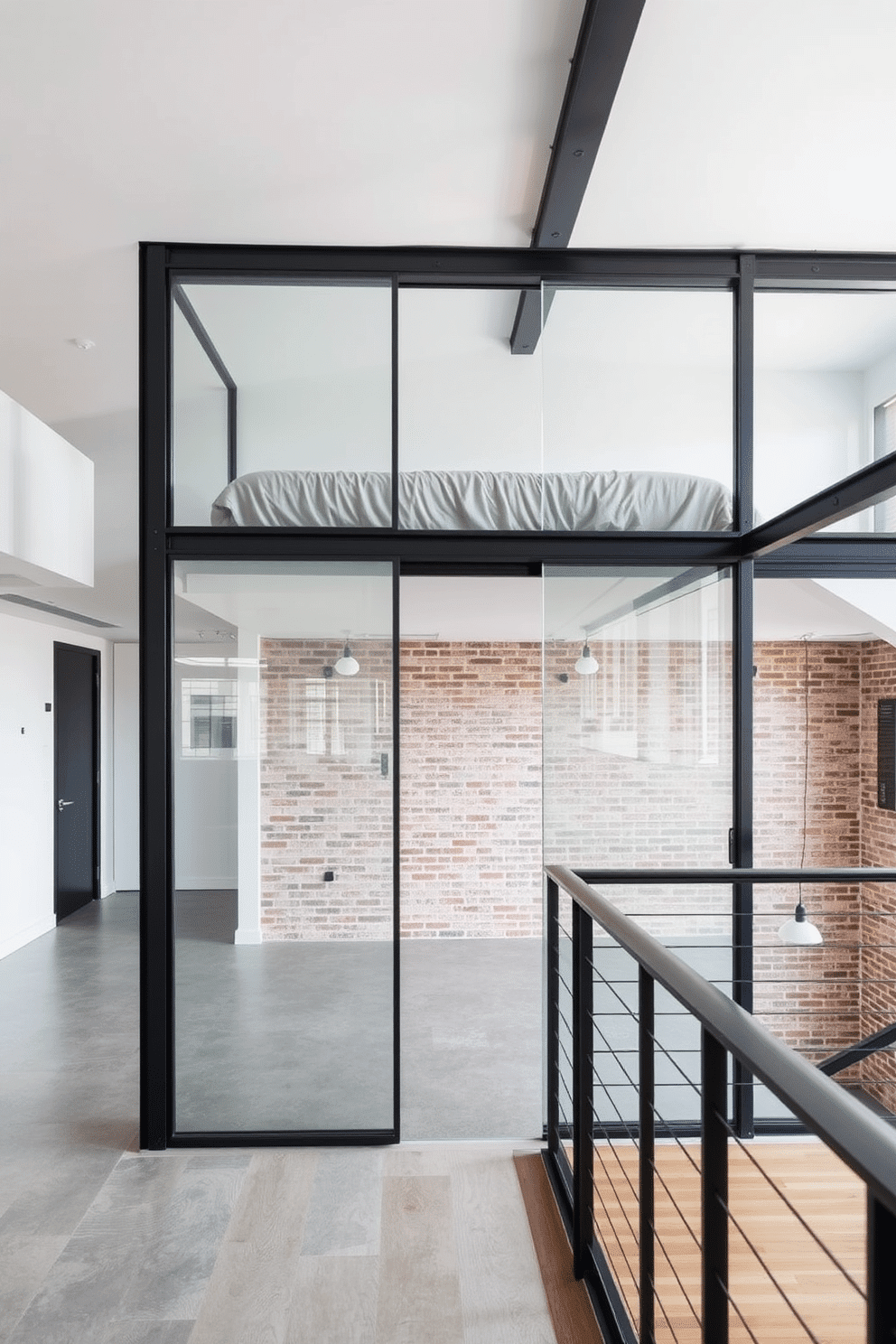 An open-concept layout featuring sleek glass partitions that create subtle divisions while maintaining a sense of spaciousness. The flooring is a combination of polished concrete and light wood, complementing the airy, modern atmosphere. For a loft bedroom, imagine a raised sleeping area framed by industrial-style black metal railings. A minimalist bed with soft neutral linens is paired with pendant lighting and an exposed brick wall backdrop for a chic urban vibe.