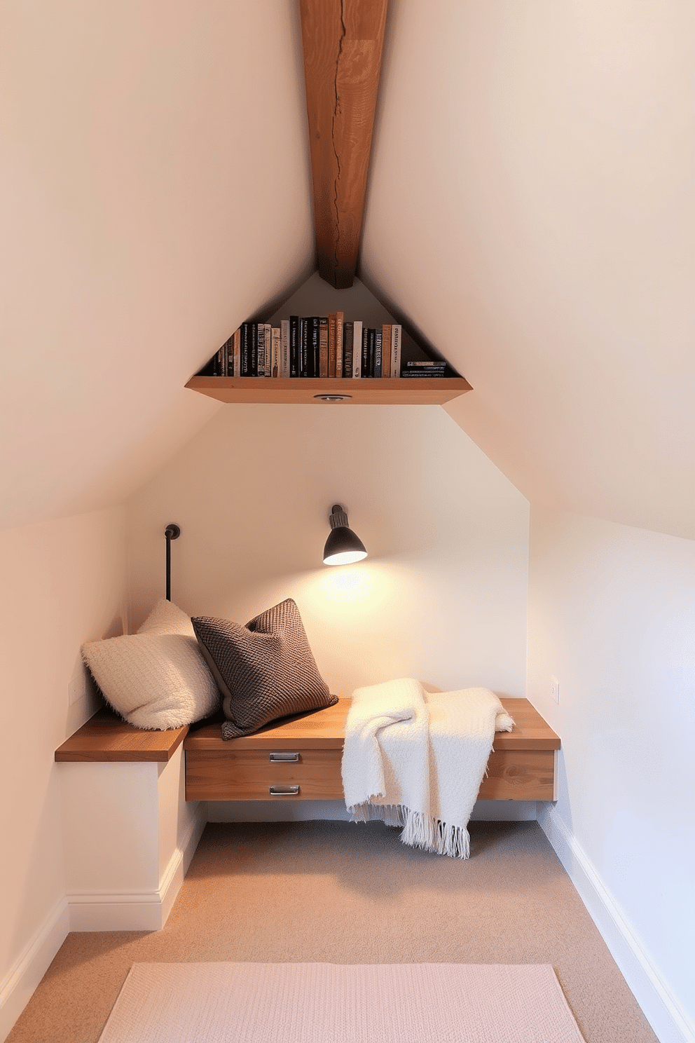 A cozy reading nook nestled under sloped ceilings creates a warm and inviting atmosphere. Soft, textured cushions and a plush throw blanket adorn a built-in wooden bench, while a small floor lamp casts a gentle glow over the space. The walls are painted in a soft cream hue, complemented by exposed wooden beams that add rustic charm. A shelf filled with books runs along the edge of the ceiling, and a small round rug centers the intimate area, tying the space together beautifully.