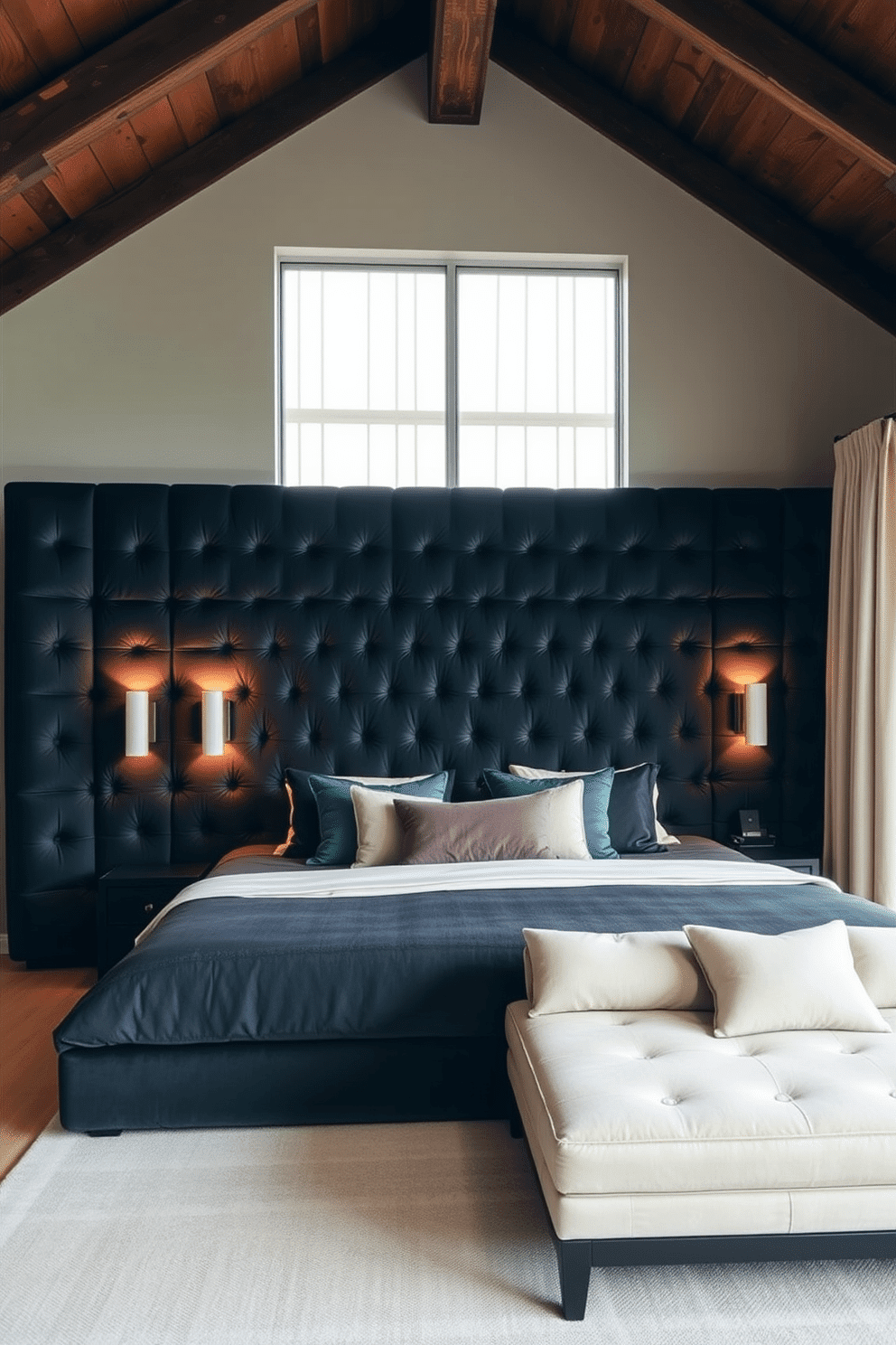 A luxurious loft bedroom with an oversized upholstered headboard as the focal point, crafted in plush velvet with deep tufting, and extending seamlessly to form a statement wall. The color palette features rich jewel tones, balanced by soft neutral bedding and throw pillows for added texture and dimension. Behind the bed, modern wall sconces emit a warm glow, highlighting the grandeur of the headboard while providing functional accent lighting. The high ceilings boast exposed wooden beams, and a large floor-to-ceiling window fills the room with natural light, softened by sheer curtains in a creamy ivory hue.