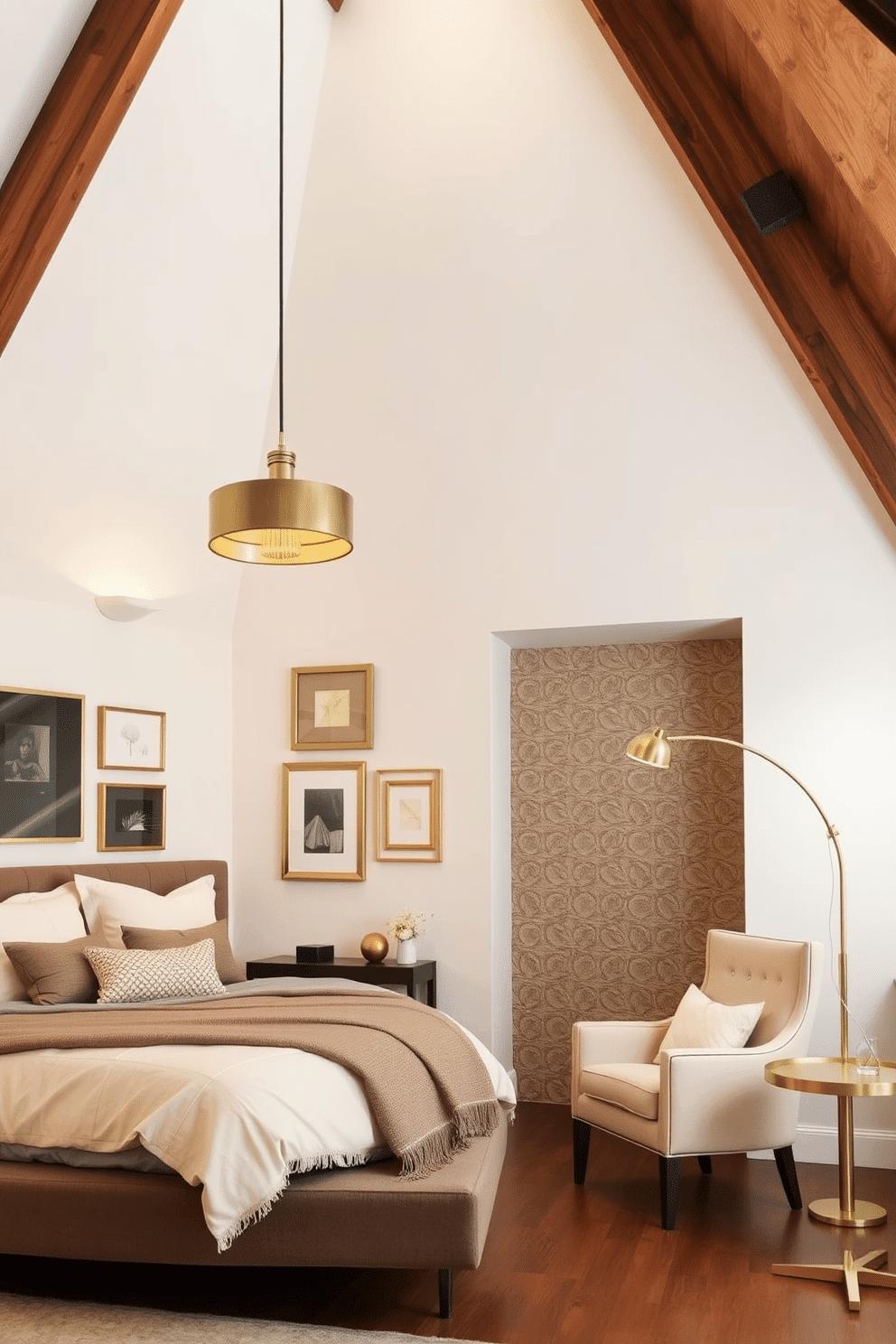 A cozy loft bedroom with high ceilings and exposed wooden beams. The walls are painted in soft neutral tones, with warm lighting that highlights gold-accented decor such as a statement pendant lamp and metallic picture frames. A platform bed dressed in layers of cream and taupe bedding is placed against a textured accent wall. Nearby, a sleek gold floor lamp arcs over a small reading nook, where a beige armchair sits alongside a gilded side table.