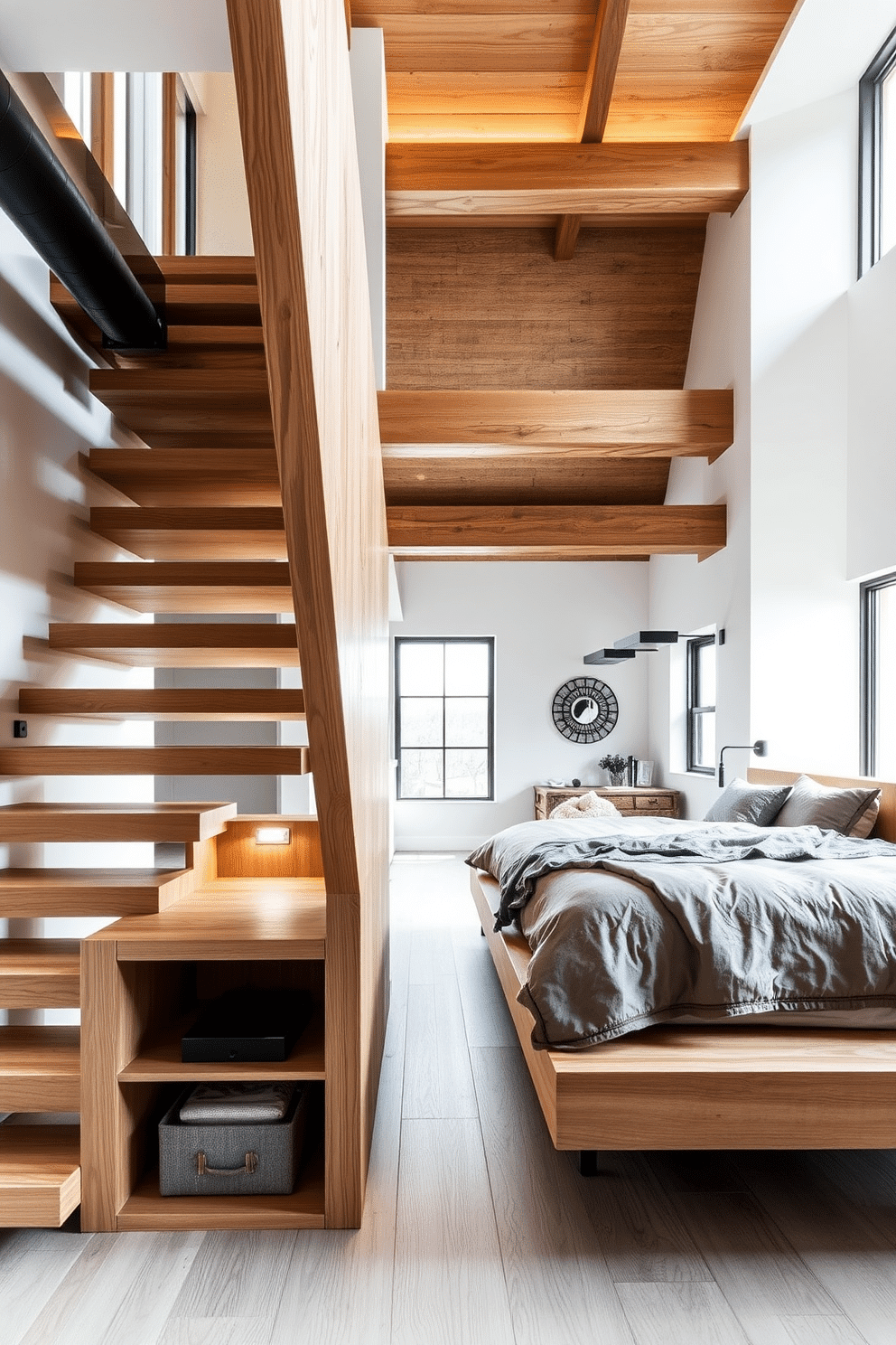 A modern floating staircase crafted from natural oak, seamlessly integrated with built-in storage shelves underneath. The design maximizes functionality without compromising the airy and open aesthetic of the space, complemented by soft ambient lighting highlighting the staircase's sleek lines. A cozy yet elevated loft bedroom featuring an oversized bed with layered textures in neutral tones. Industrial-style accents, such as exposed beams and black matte fixtures, frame the space, while floor-to-ceiling windows flood the room with natural light.