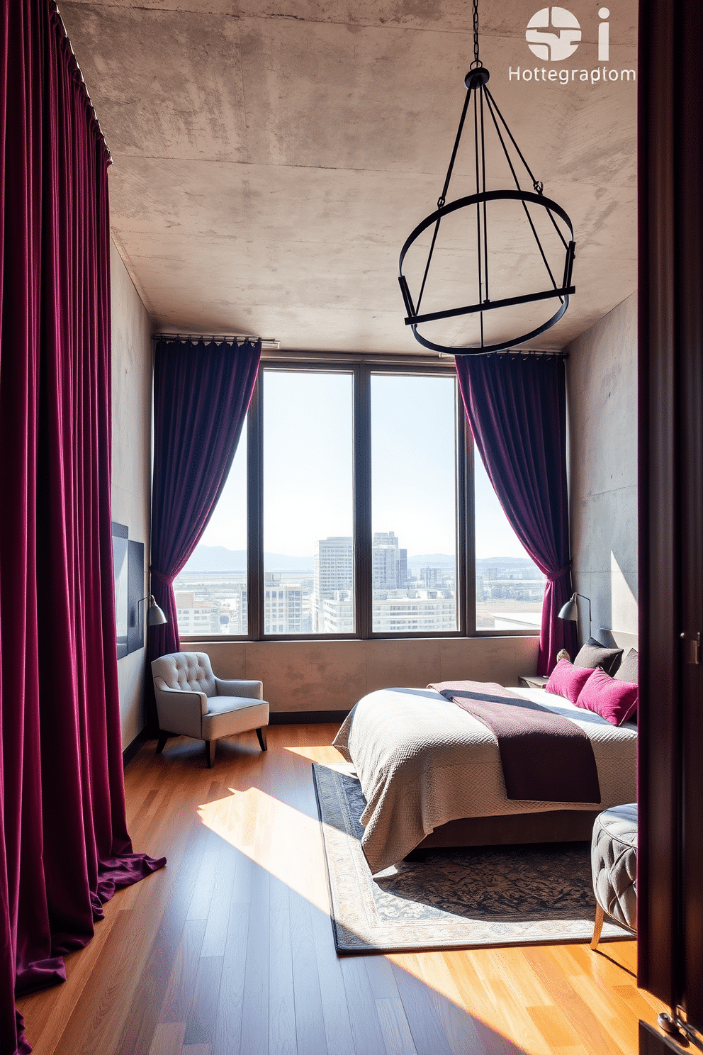 A chic loft bedroom bathed in natural light pouring through floor-to-ceiling windows, framed by opulent velvet curtains cascading in rich jewel tones. The warm wood flooring contrasts beautifully with modern, industrial concrete walls, creating a perfect balance of luxury and urban charm. A plush king-sized bed sits against one wall, adorned with textured neutral bedding and accent pillows in bold shades that echo the curtains. A sleek, minimalistic black metal chandelier hangs from the high ceiling, while a cozy reading nook with a tufted armchair is nestled near the generous windows.