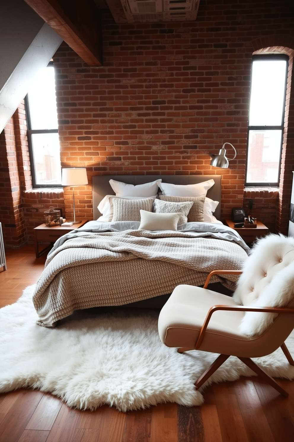 A cozy loft bedroom with exposed brick walls and soft, ambient lighting. The centerpiece is a plush bed adorned with textured layers of blankets and pillows, complemented by a luxe faux fur rug that adds warmth underfoot. In one corner, a reading nook features a sleek armchair and a minimal floor lamp, with a shaggy white faux fur rug for extra comfort. The neutral color palette with pops of earthy tones completes the inviting, elevated look of the room.