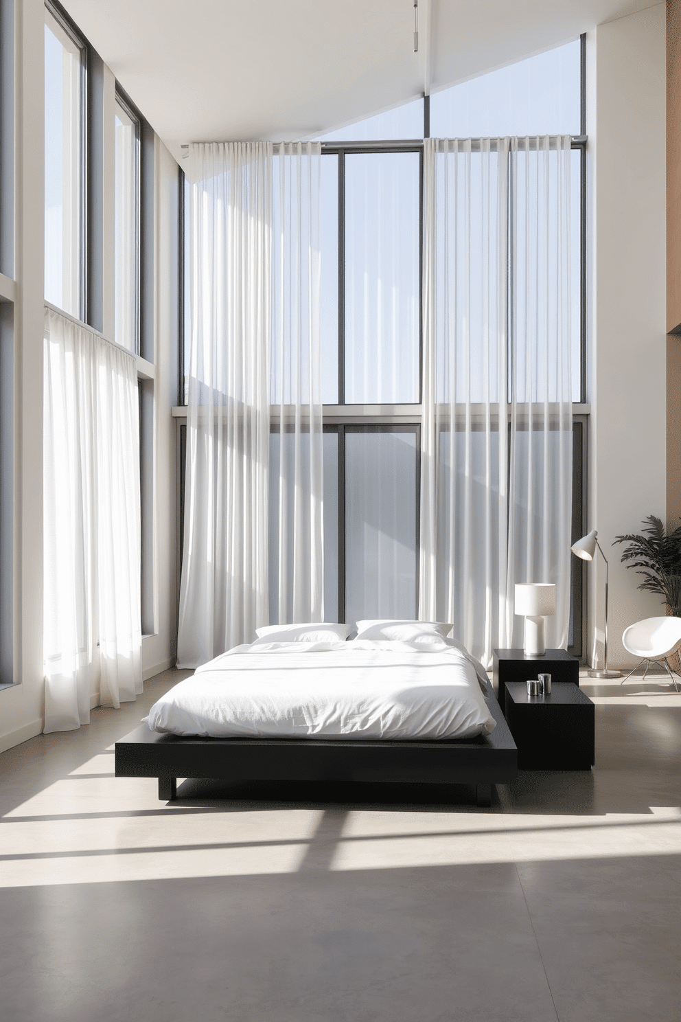 A contemporary loft bedroom bathed in natural light, featuring a minimalist design with clean lines and a neutral color palette of whites, beiges, and light greys. The focal point is a low platform bed with crisp white linens, flanked by sleek black bedside tables holding simple cylinder lamps. A wall of industrial-style floor-to-ceiling windows is dressed with sheer white curtains, complementing the polished concrete floors. On one side, a cozy reading nook features a sculptural lounge chair and a minimalist floor lamp, while subtle greenery adds life to the serene atmosphere.
