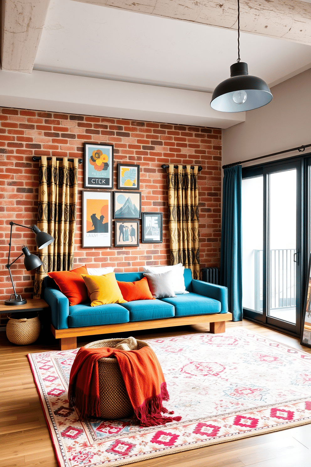 A vibrant bohemian living room filled with colorful textiles and layered patterns. A plush teal sofa adorned with bright orange, mustard yellow, and magenta throw pillows sits against a neutral wall, complemented by a large patterned area rug in a mix of warm colors. Above the sofa, a gallery wall with mismatched frames showcases art and photography with bold, vivid tones. Curtains in a lively geometric print frame a large window, letting in soft natural light, while a woven basket with a cozy throw sits beside a wooden coffee table. A modern industrial loft bedroom exuding character and warmth. An exposed brick wall serves as the focal point, with a platform bed featuring a reclaimed wood headboard placed against it. The bedding is a mix of soft grays and crisp white layers, accented with rust-colored throw pillows. Oversized industrial pendant lights hang from the high ceiling, while a metal floor lamp with an adjustable arm sits beside a minimalist nightstand. Sliding glass doors lead to a small balcony, and a black framed mirror leans casually against the wall, adding depth to the space.