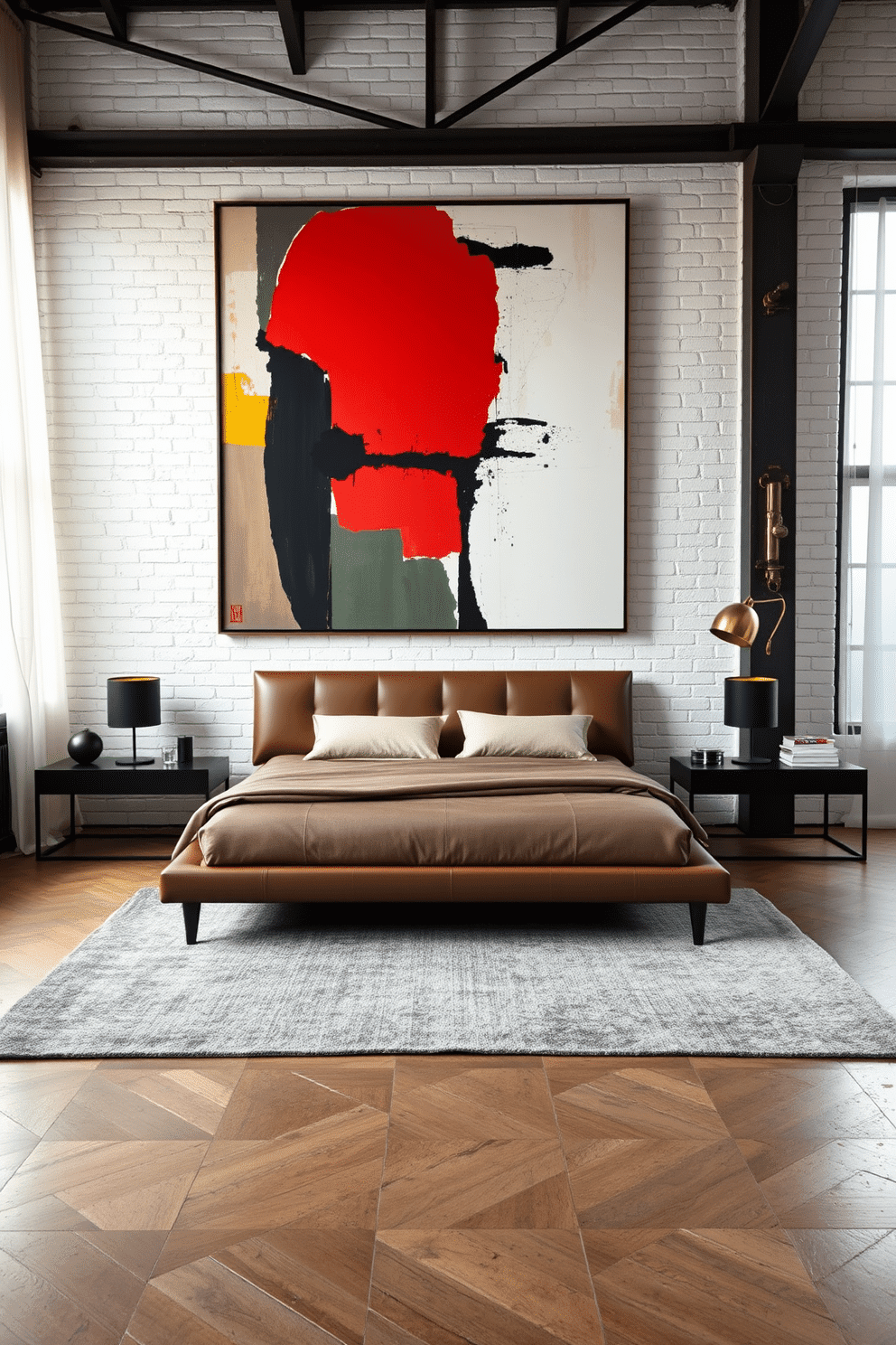 An expansive loft bedroom with oversized modern artwork as the focal point, displayed against a crisp white brick wall to evoke an art gallery atmosphere. Minimalist furnishings in neutral tones, such as a low-profile leather platform bed and sleek black metal side tables, allow the bold colors and striking composition of the artwork to command attention. Underneath the artwork, a soft-textured area rug in muted gray adds warmth to the industrial space, while a sculptural floor lamp provides dramatic lighting. Large industrial-style windows draped with sheer curtains flood the room with natural light, creating an open and airy environment that highlights the interplay of textures and hues.