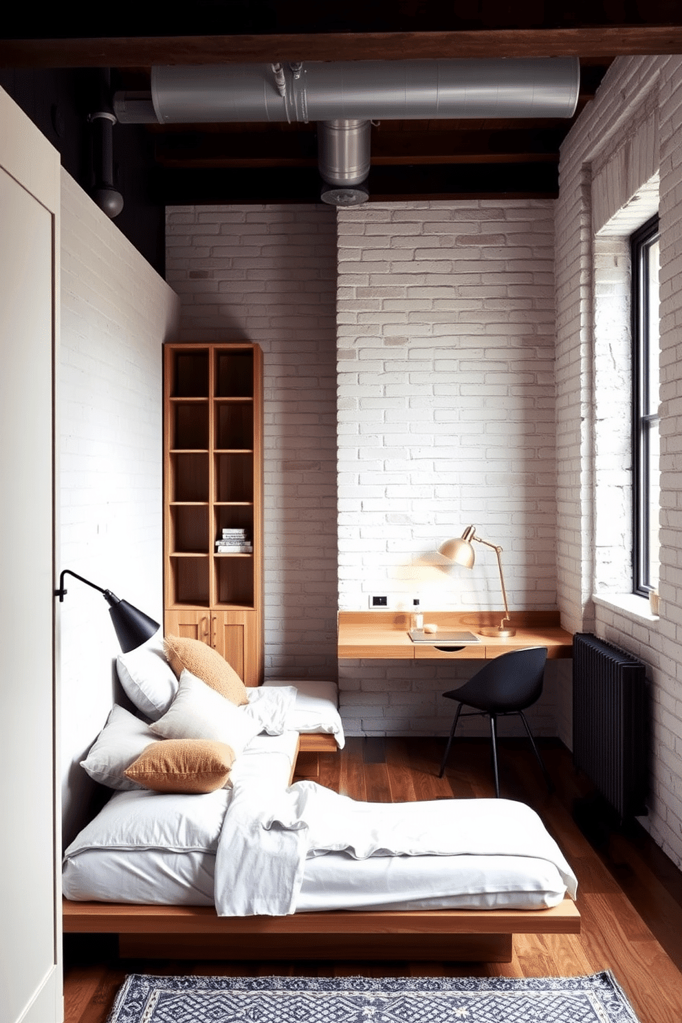 A cozy loft bedroom designed for small spaces. A low platform bed with minimalist wood detailing rests against a whitewashed brick wall, while a slim floor-to-ceiling shelving unit provides smart storage without crowding the area. A built-in desk with a polished oak surface doubles as a workspace, illuminated by a sleek black wall-mounted lamp. Neutral linens and textured throw pillows add comfort, while a patterned rug defines the sleeping zone in the open layout.