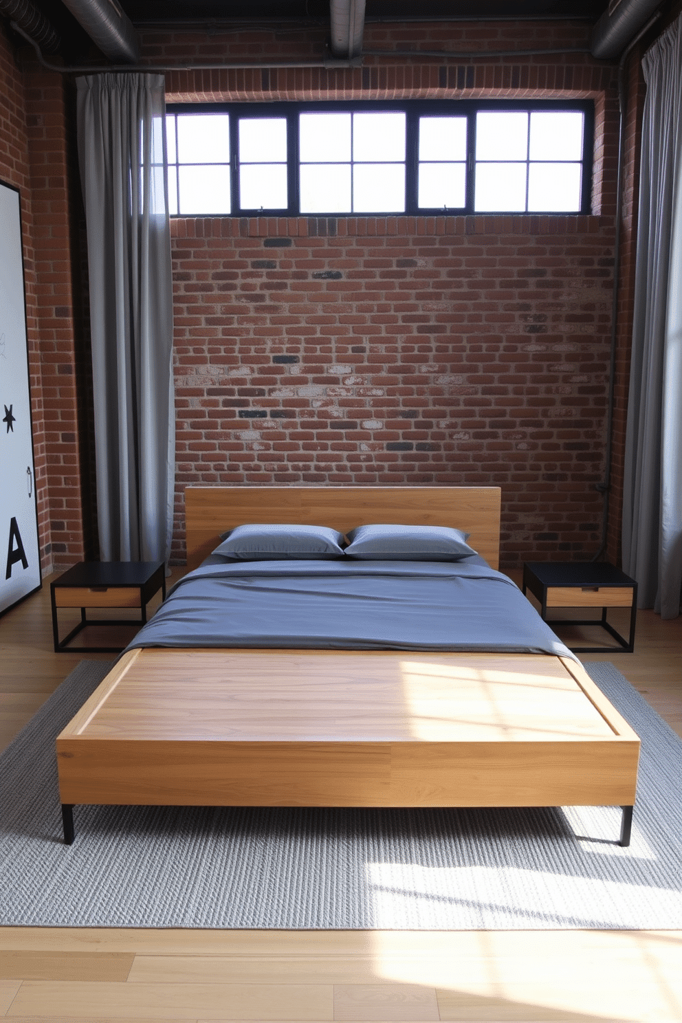 A modern loft bedroom with a minimalist platform bed, featuring hidden under-bed storage compartments for a seamless look. The bed is flanked by sleek black metal nightstands, while a textured area rug softly anchors the space. The room’s industrial charm is accented by exposed brick walls, softened with light gray drapery flowing from ceiling to floor. Large floor-to-ceiling windows flood the space with natural light, highlighting the wooden bed frame's clean lines and functional design.
