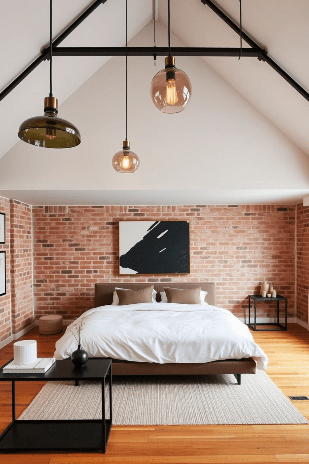 A cozy and industrial-chic loft bedroom with a high ceiling adorned by stunning pendant lights that serve as a striking centerpiece. The lights feature a smoky glass finish with bronze accents, effortlessly tying in with the room's warm and rustic aesthetic. The space combines exposed brick walls with warm-toned wood flooring, creating a balance of rawness and elegance. A low-profile bed with crisp white bedding sits in the center, framed by a soft neutral area rug and a sleek, dark metal side table holding minimalist decor.