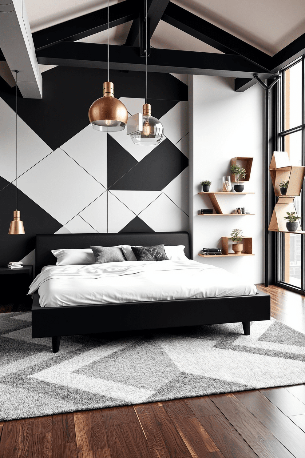 A stylish loft bedroom with a focus on bold geometry. The bed is framed by a statement wall featuring large, black-and-white geometric wallpaper, paired with a sleek, low-profile platform bed in matte black. Beneath the bed lies a plush area rug with sharp, angular patterns in contrasting shades of gray and cream, creating a cohesive modern look. Pendant lights with metallic finishes and geometric shapes hang asymmetrically from the exposed ceiling beams, adding a touch of industrial elegance. The opposite wall showcases open shelving in unique geometric configurations, housing minimalist decor and potted plants for warmth. A floor-to-ceiling window floods the room with natural light, framing a view of the cityscape and enhancing the mix of urban boldness with cozy sophistication.