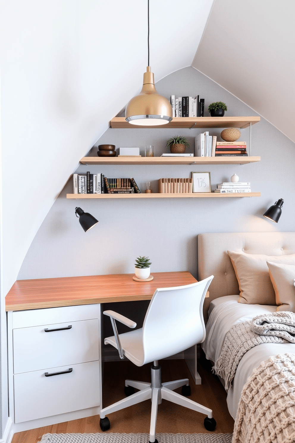A cozy loft bedroom with an integrated workspace in one corner. The desk is built-in with a minimalist wooden tabletop and sleek white drawers, accompanied by a stylish ergonomic chair and a small potted plant on the surface. Above the workspace, floating shelves display organized books and decorative items, framed by a soft gray accent wall with subtle texture. The bed features plush linens in neutral tones, a chunky knit throw, and a pair of pendant lights hanging from the ceiling for a modern touch.
