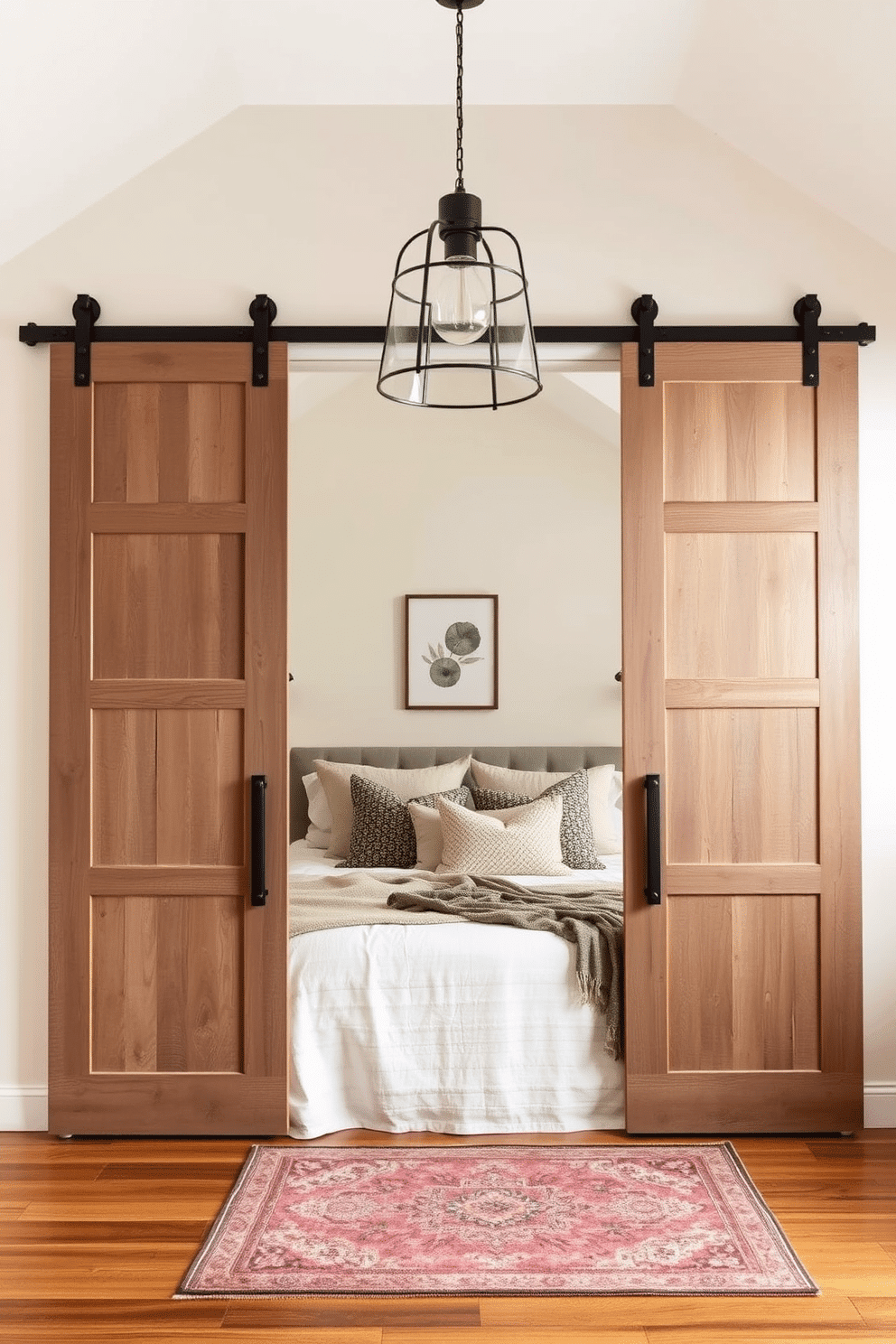 A cozy loft bedroom design featuring sliding barn doors to add a touch of rustic charm. The doors are crafted from reclaimed wood with a weathered finish, complemented by matte black hardware and exposed roller mechanisms. The bedroom is adorned with warm neutral tones, including cream walls and soft linen bedding layered with textured throws. Industrial-inspired pendant lights hang from the ceiling, and a vintage area rug adds subtle color and pattern to the hardwood floors.