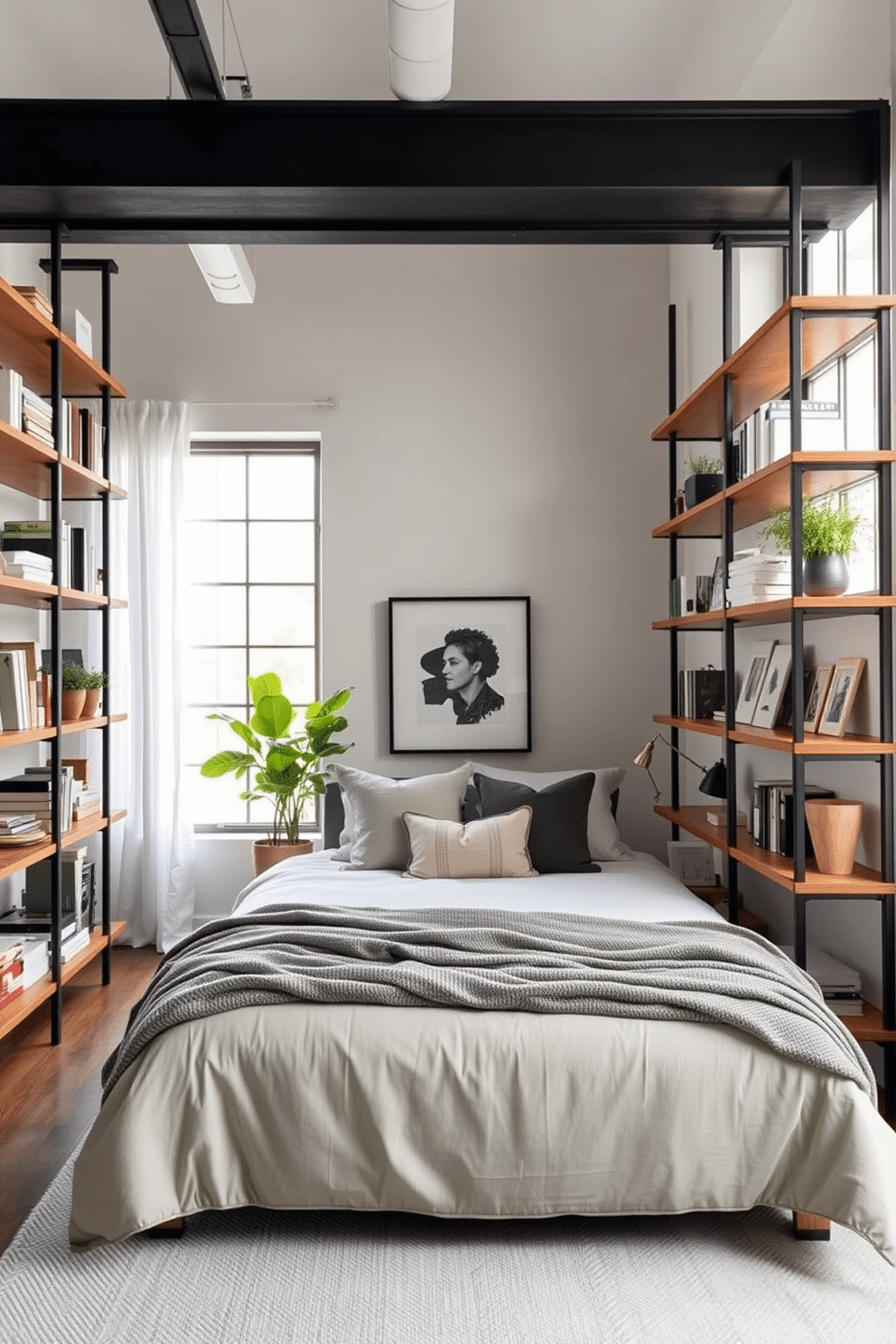 A chic loft bedroom with an open shelving design, blending function and style seamlessly. Sleek, floating wooden shelves extend from floor to ceiling, each adorned with curated decor like books, framed art, and lush greenery for a personal, lived-in feel. The bed sits below a large industrial-style window, framed by airy white curtains that let in soft natural light. A neutral color palette of soft grays and warm beiges is enriched with textured throws and layered pillows, creating a cozy yet elevated retreat.