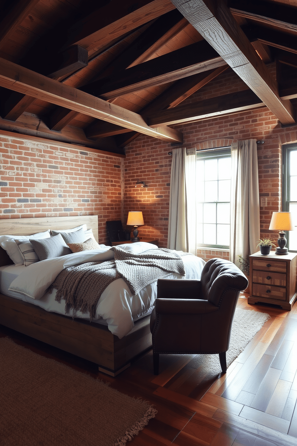 A cozy loft bedroom with rustic wood beams lining the ceiling and exposed brick walls. The centerpiece is a reclaimed wood platform bed adorned with soft linen bedding in neutral tones, complemented by chunky knit throw blankets and textured pillows. A vintage leather armchair sits near a large window, surrounded by flowing sheer curtains that diffuse natural light. Distressed wooden nightstands hold warm-toned lamps and small potted plants, completing the inviting and rustic atmosphere.