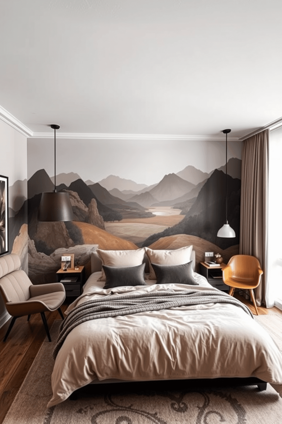 A loft bedroom that embraces a contemporary vibe with bold artistry. One wall features a stunning hand-painted mural inspired by natural landscapes, with earthy tones and organic shapes creating a soothing atmosphere. For balance, the space is anchored with a plush low-platform bed draped in cozy, neutral linens. Modern pendant lighting and a mid-century armchair add functional elegance, while the mural becomes the centerpiece of the room’s creative energy.
