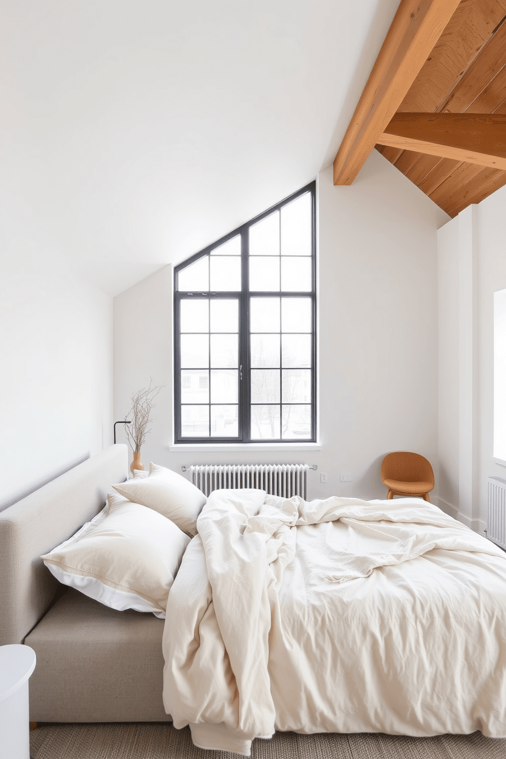 A serene loft bedroom with a Scandinavian aesthetic. The walls are painted crisp white, complemented by exposed wooden beams, creating a warm yet minimalist atmosphere. The room features a low-profile bed with a light grey fabric headboard, dressed in cozy, layered linen bedding in soft neutral tones. Large, industrial-style windows flood the space with natural light, highlighting the simplicity of the design and the soft textures throughout.