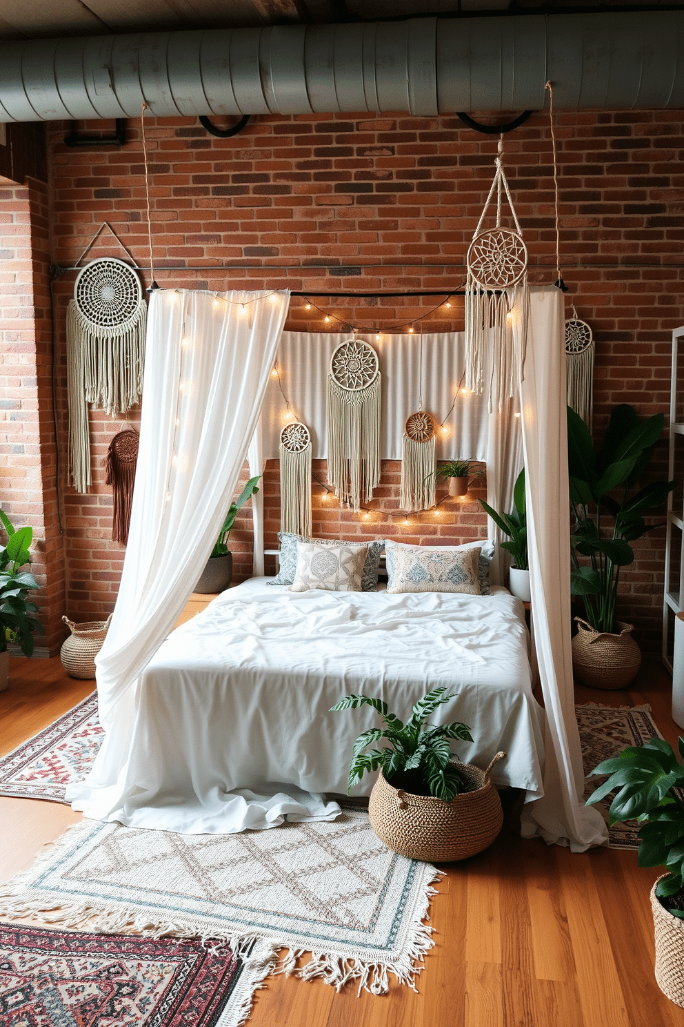 A boho-inspired loft bedroom adorned with soft, earthy tones and textured accents. A canopy bed draped in flowy white fabric sits at the center, surrounded by hanging macramé wall art and dreamcatchers that add an eclectic charm. The room features exposed brick walls paired with warm wooden flooring and layered rugs in tribal patterns. String lights are thoughtfully draped along the headboard, creating a cozy ambiance, while an abundance of indoor plants enhances the natural and airy feel.