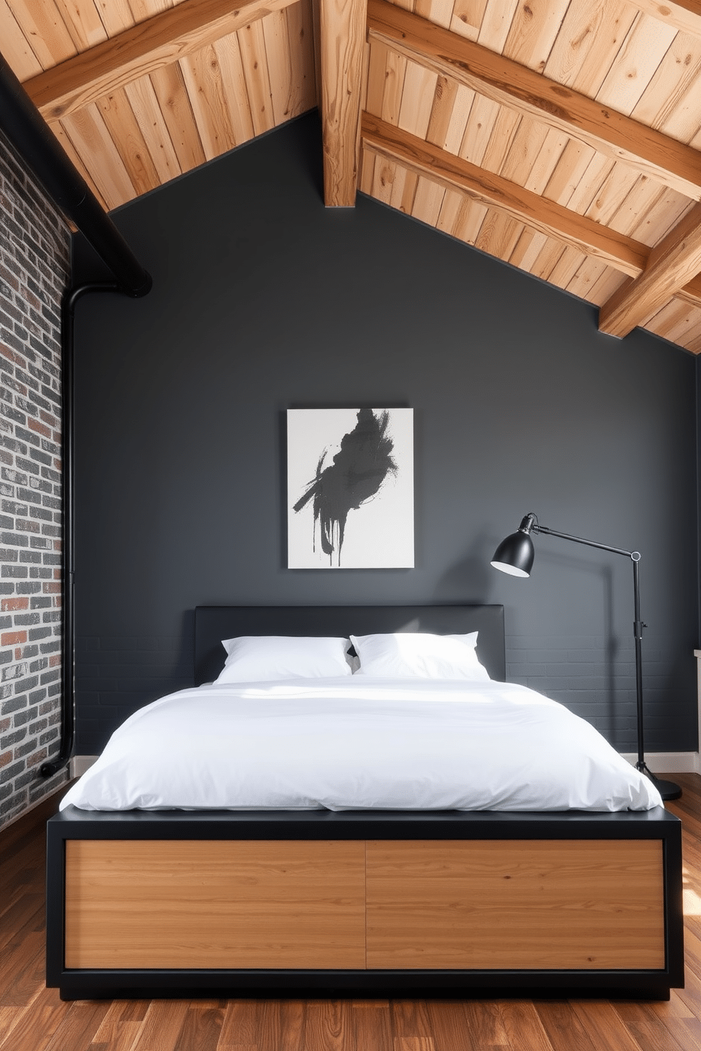 A modern loft bedroom with a minimalistic yet cozy aesthetic. The walls are exposed brick painted in charcoal gray, paired with sleek black fixtures and a high vaulted ceiling featuring rustic wooden beams. The queen-sized bed has crisp white linens neatly tucked under a low-profile black frame with built-in storage. A monochrome abstract painting hangs above the headboard, while a black industrial floor lamp casts warm light over the room.