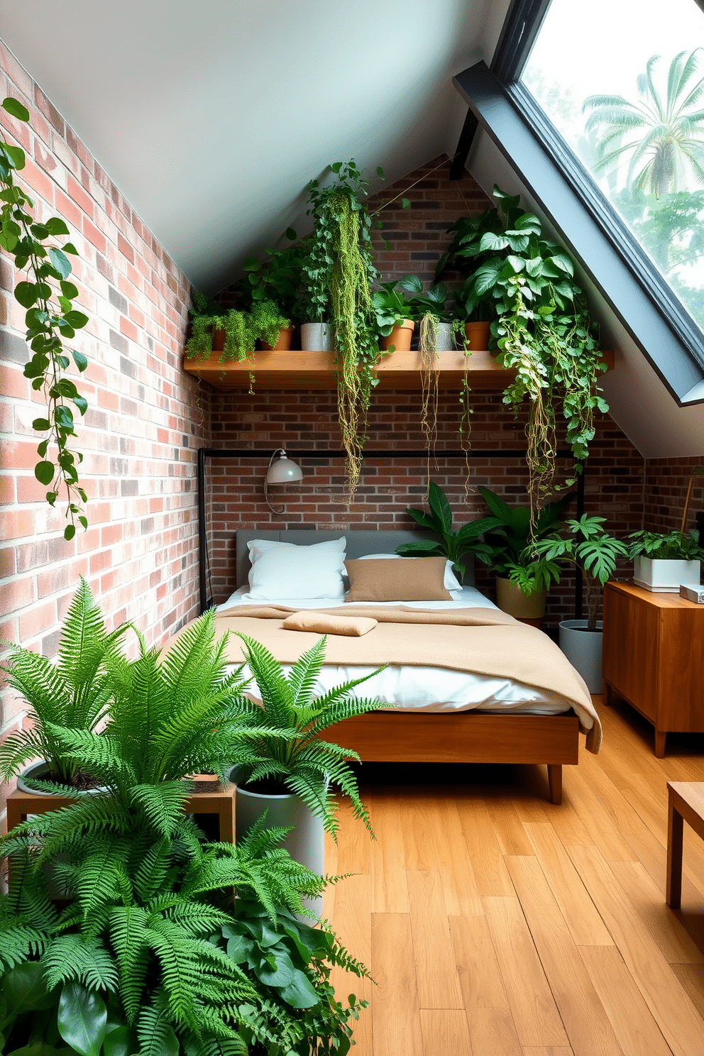 A serene loft bedroom filled with lush greenery creates an eco-chic haven. Potted plants of varying sizes are strategically placed throughout the space, including cascading vines from a high shelf and ferns in minimalist planters beside the bed. The room features exposed brick walls, softened by warm wooden tones in the flooring and furniture. A large skylight allows natural light to pour in, highlighting the vibrant greens and creating a peaceful indoor-outdoor aesthetic.
