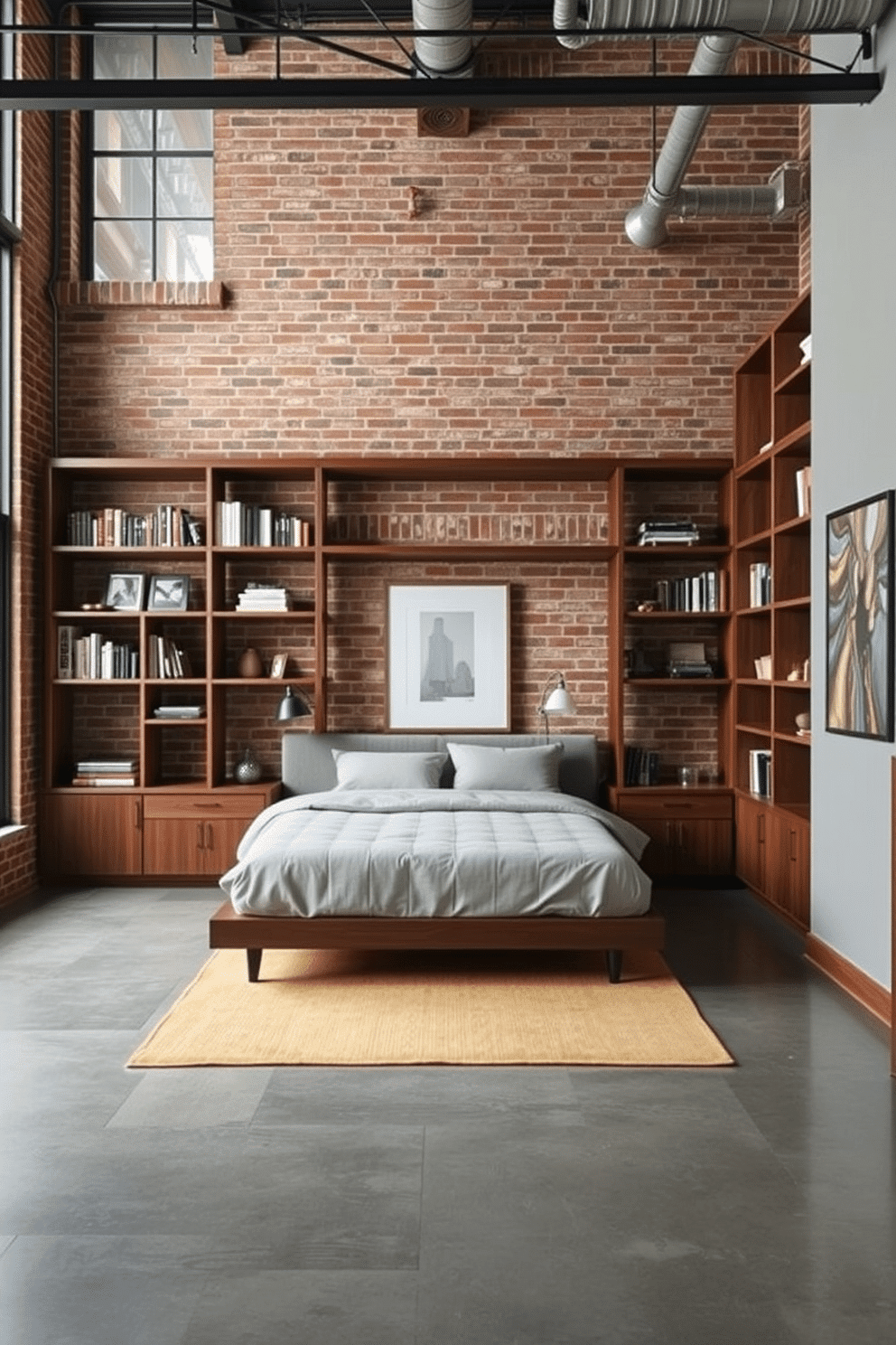 A modern loft bedroom featuring floor-to-ceiling custom built-in shelving that spans the width of the wall, designed to store books, decor pieces, and personal belongings. The shelving is crafted in rich walnut wood, contrasting against the exposed brick wall behind it, for a rustic yet polished aesthetic. A cozy platform bed with linen bedding is positioned at the center of the room, framed by the shelving to create a sense of intimacy. Large industrial-style windows allow natural light to flood the space, while a soft neutral area rug defines the sleeping area against the polished concrete floor.