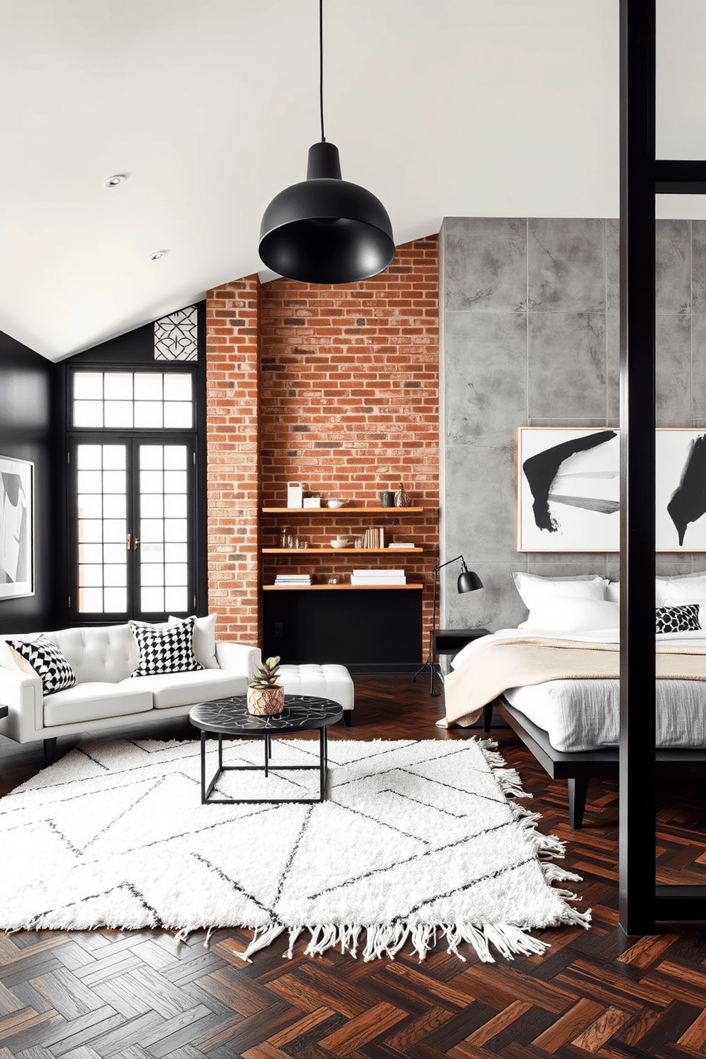 A chic monochrome living space with bold contrasts and patterns. The walls are painted jet black with a white geometric wallpapered feature wall, while the furniture pieces, like a tufted white sofa and black marble coffee table, add striking juxtaposition. Accents include black-and-white patterned throw pillows, abstract artwork in sharp tonal contrasts, and a black metal pendant lamp with warm lighting to soften the space. The flooring is a sleek black herringbone wood, layered with a white shag rug featuring a bold, modern pattern to tie the room together. A modern loft bedroom with an industrial yet cozy vibe. Exposed brick walls are painted in a light gray shade, while a statement concrete wall anchors the space with floating wood shelves. The king-sized platform bed is dressed with layered neutral linens in linen and beige, alongside overscaled monochrome art above the headboard. Black steel-framed windows flood natural light onto oak wood flooring adorned with a patterned Moroccan-inspired area rug for warmth.