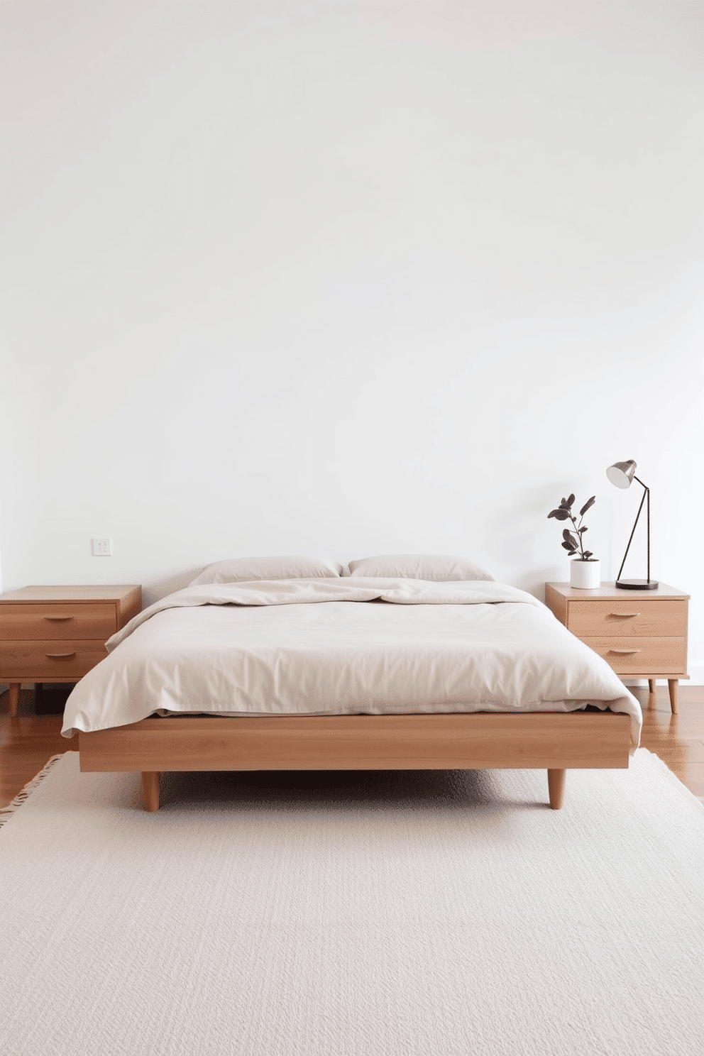 A minimalist bedroom exuding Scandinavian charm. A platform bed with a neutral-toned linen duvet sits in the center, flanked by light oak nightstands with sleek lines and no handles, creating an understated elegance. The walls are painted an off-white, and a soft, oversized wool rug in a light beige tone anchors the room. A delicate floor lamp with a slim black stand and white shade complements the paired-down aesthetic, while a single leafy green plant in a ceramic pot is placed atop one nightstand for a touch of life.
