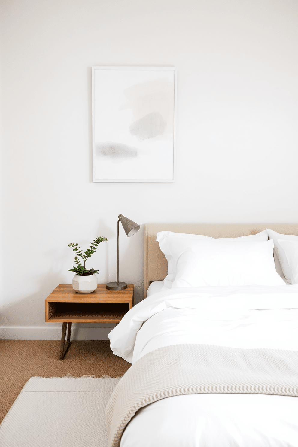 A minimalist bedroom with a neutral color palette. The walls are adorned with subtle abstract wall art featuring soft beige and gray tones, adding a hint of visual interest without overwhelming the space. The bed is dressed in crisp white linens with a single textured throw at the foot, creating a serene and clean aesthetic. Beside the bed, a sleek, low-profile wooden nightstand holds a small ceramic planter with greenery and a modern, muted lamp for functionality.