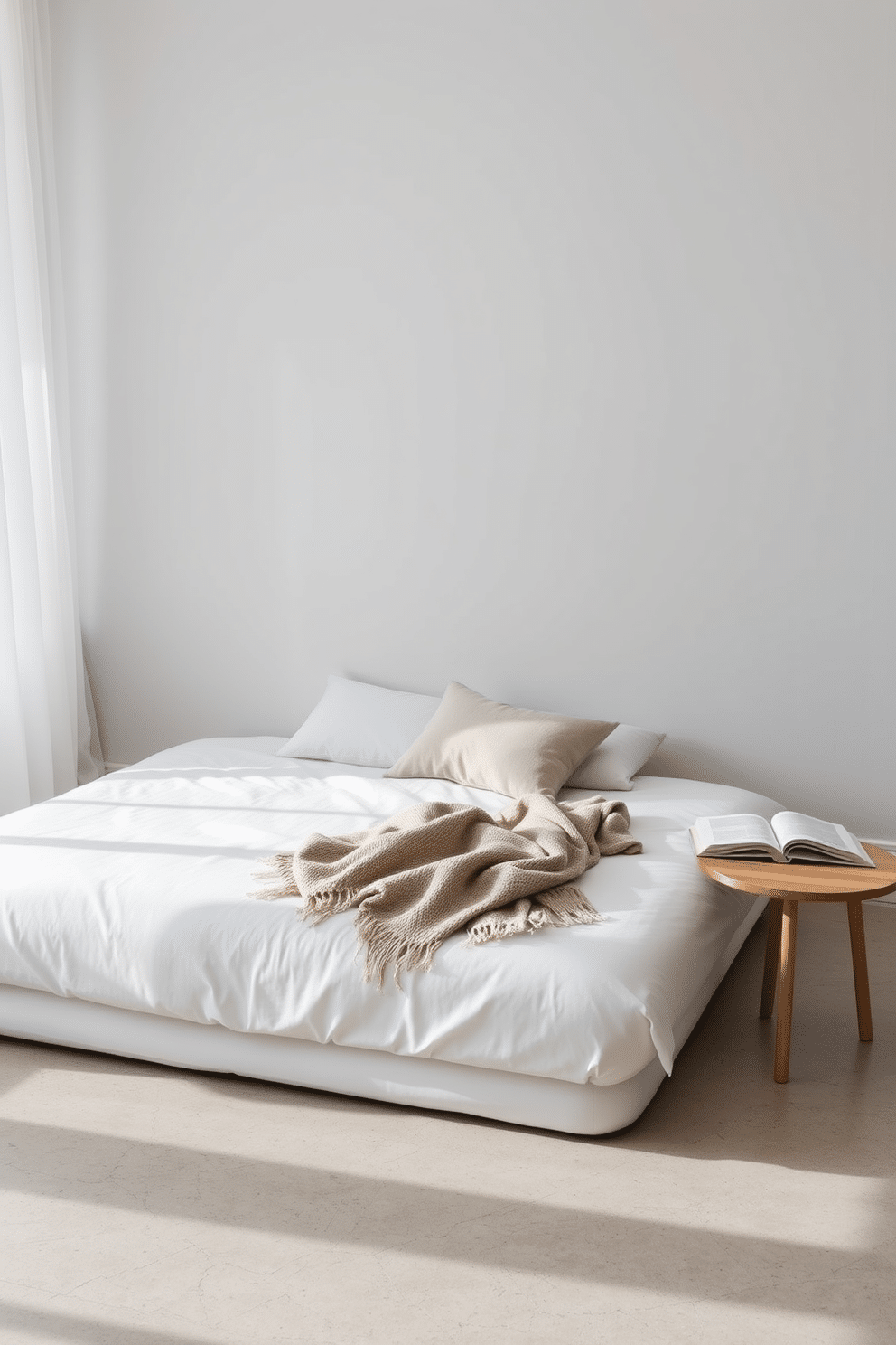 A minimalist bedroom featuring a floor mattress with crisp, white linens. The mattress is positioned against a smooth light-gray wall, topped with soft neutral-toned accent pillows and a textured throw for subtle detail. To the side, a low wooden side table holds a small potted plant and an open book, emphasizing simplicity and calm. Natural light streams through sheer white curtains, casting soft shadows on the lightly textured concrete floor.