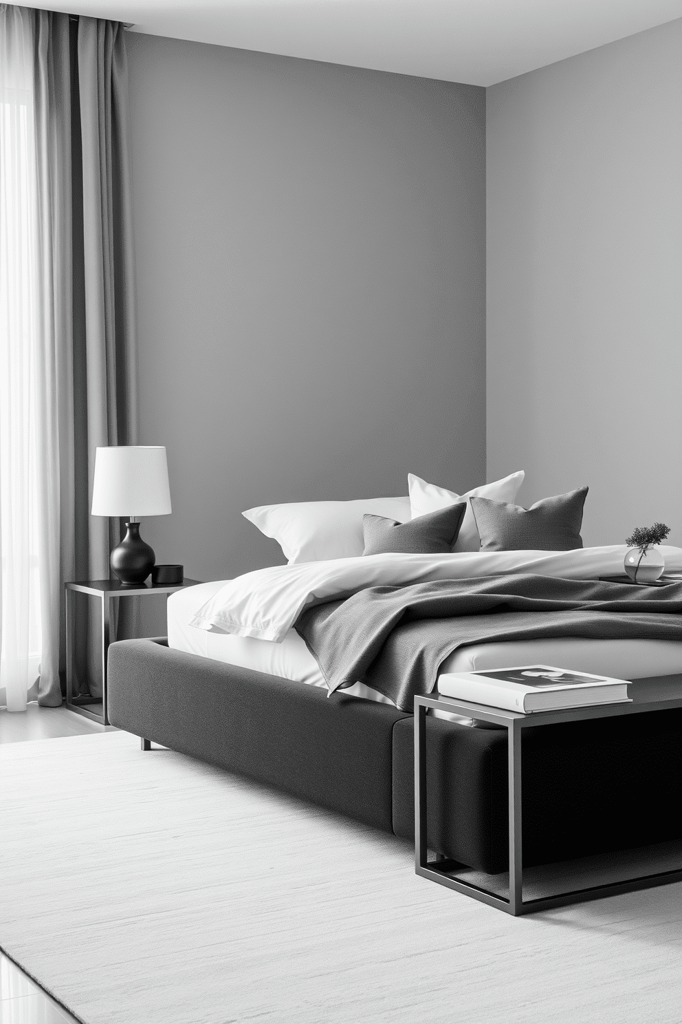 A serene minimalist bedroom with a monochromatic greyscale color palette, where shades of gray flow seamlessly through every element. The walls are painted in soft dove gray, complemented by a charcoal upholstered platform bed with crisp white bedding and layered gray throw pillows. A sleek steel nightstand stands beside the bed, adorned with a simple black ceramic lamp and a monochrome art book. The room is anchored with a light gray area rug, while sheer ash-gray curtains allow gentle filtered light to soften the space.