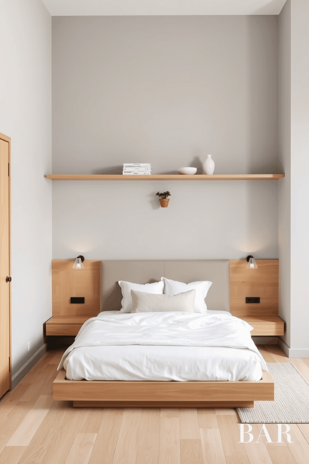 A serene minimalist bedroom designed with clean lines and functional beauty. Slimline shelving in natural wood spans the wall behind the bed, offering streamlined storage and a display for curated decor. The bed features a low-profile platform design with crisp white bedding and a neutral taupe headboard for subtle elegance. Soft lighting emanates from a pair of minimalist sconces mounted on either side, creating a calm and inviting atmosphere. The shelving is styled with restraint, featuring neatly stacked books, a small potted plant, and monochromatic pottery for a cohesive look. The overall design emphasizes simplicity, with light oak flooring, soft gray walls, and a single textural area rug anchoring the space.