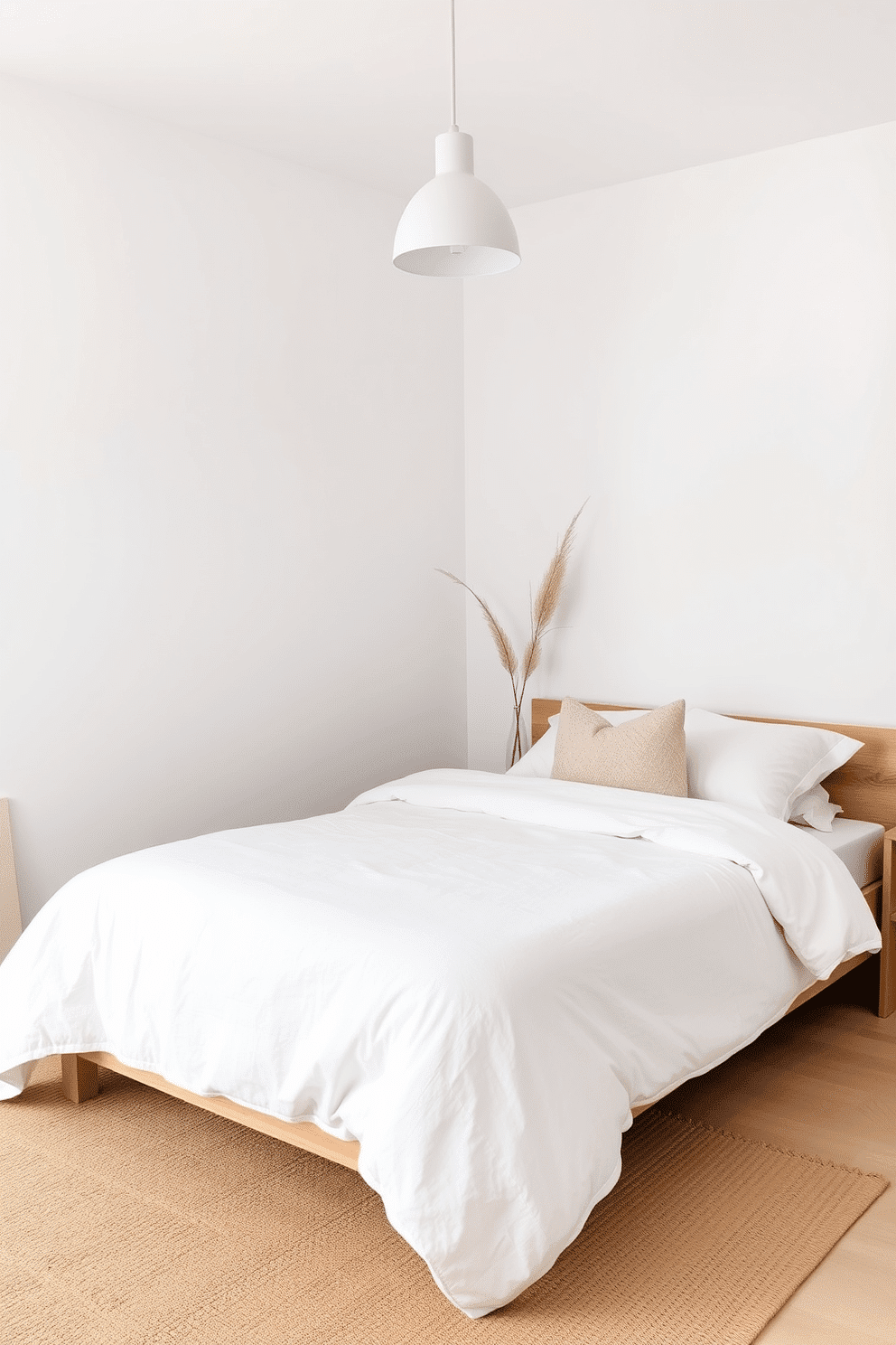 A serene and minimalist bedroom with a calming neutral palette. The bed is dressed in soft, light-toned linen bedding, complemented by a simple white duvet and textured throw pillows in beige and taupe shades. The room features crisp white walls and warm natural wood accents, including a sleek, low-profile bed frame. A single hanging pendant light with a matte finish provides soft illumination, while a woven rug adds depth and coziness to the space.
