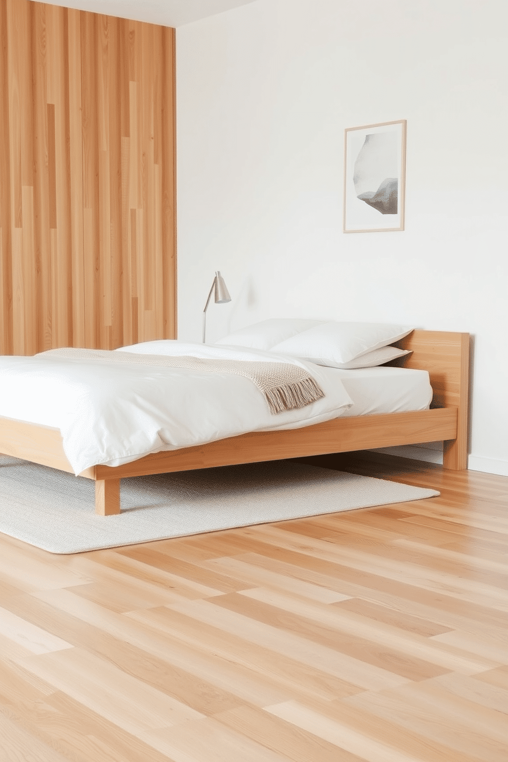 A minimalist bedroom with bare wooden flooring, showcasing the natural texture and warmth of the wood. A neutral-toned area rug is positioned beneath the bed, adding a soft layer of coziness without overpowering the simplicity of the space. The bed features clean lines with a low-profile wooden frame, complemented by crisp white linens and a single textured throw. Minimal decor enhances the tranquility of the room, with a single piece of abstract art hanging on the wall and a small bedside table holding a sleek lamp.