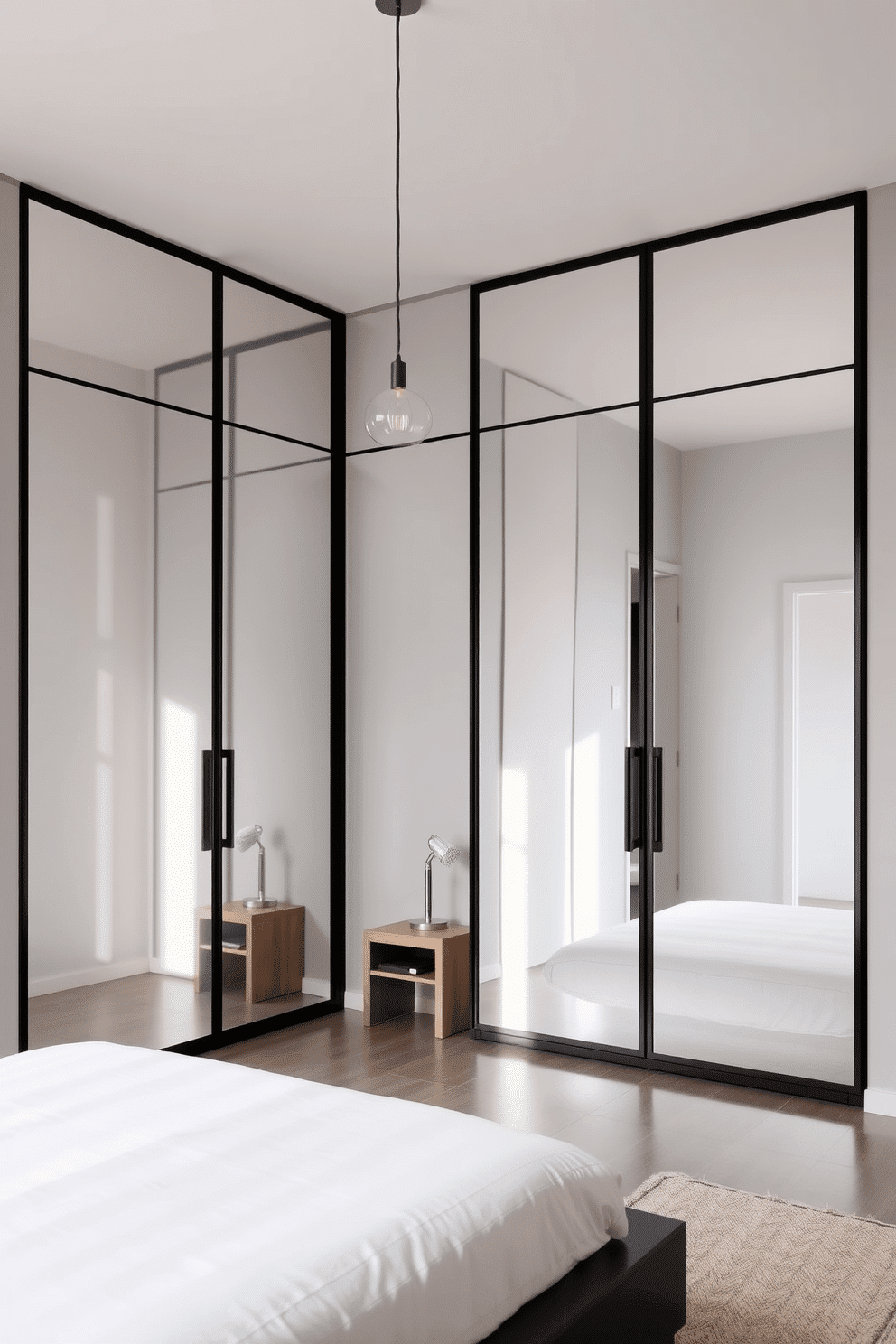 A minimalist bedroom design featuring sleek mirrored wardrobe doors that reflect soft natural light. The wardrobes stretch from floor to ceiling, framed in slim matte black edges for a contemporary touch. The walls are painted in a pale dove gray, paired with a low-profile platform bed dressed in crisp white linens. A single sculptural pendant light hangs gracefully above a small wooden nightstand, adding quiet elegance to the space.