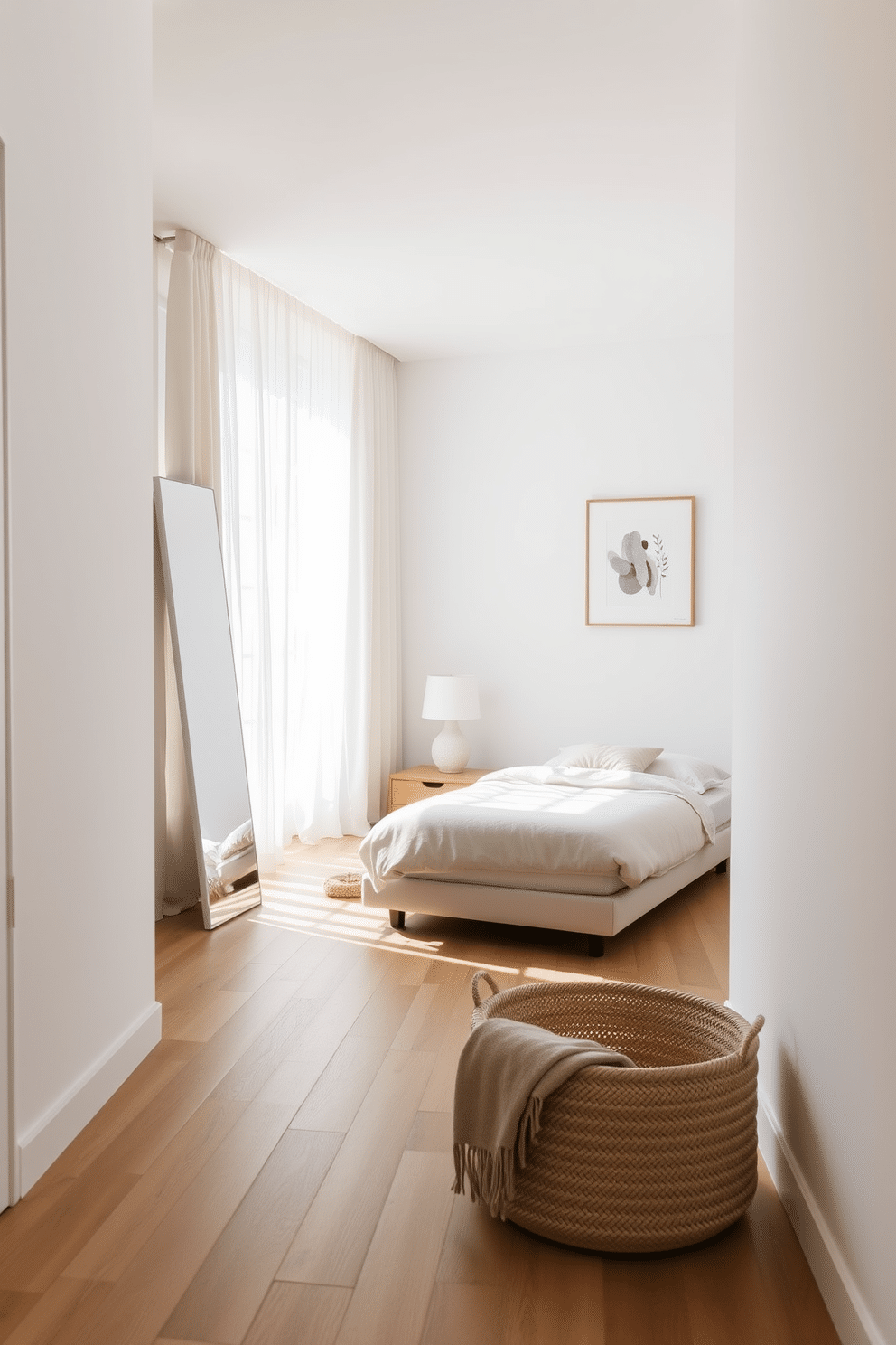 A serene minimalist bedroom featuring a frameless full-length mirror leaning elegantly against the white wall, reflecting soft natural light streaming through sheer curtains. The room showcases a low-profile platform bed dressed in neutral linens, complemented by a single wooden nightstand holding a small ceramic lamp. The floor is adorned with light oak wood planks, adding warmth to the otherwise understated space. A single piece of abstract artwork hangs above the bed, while a woven basket in the corner holds a cozy throw, completing the effortlessly minimalist aesthetic.