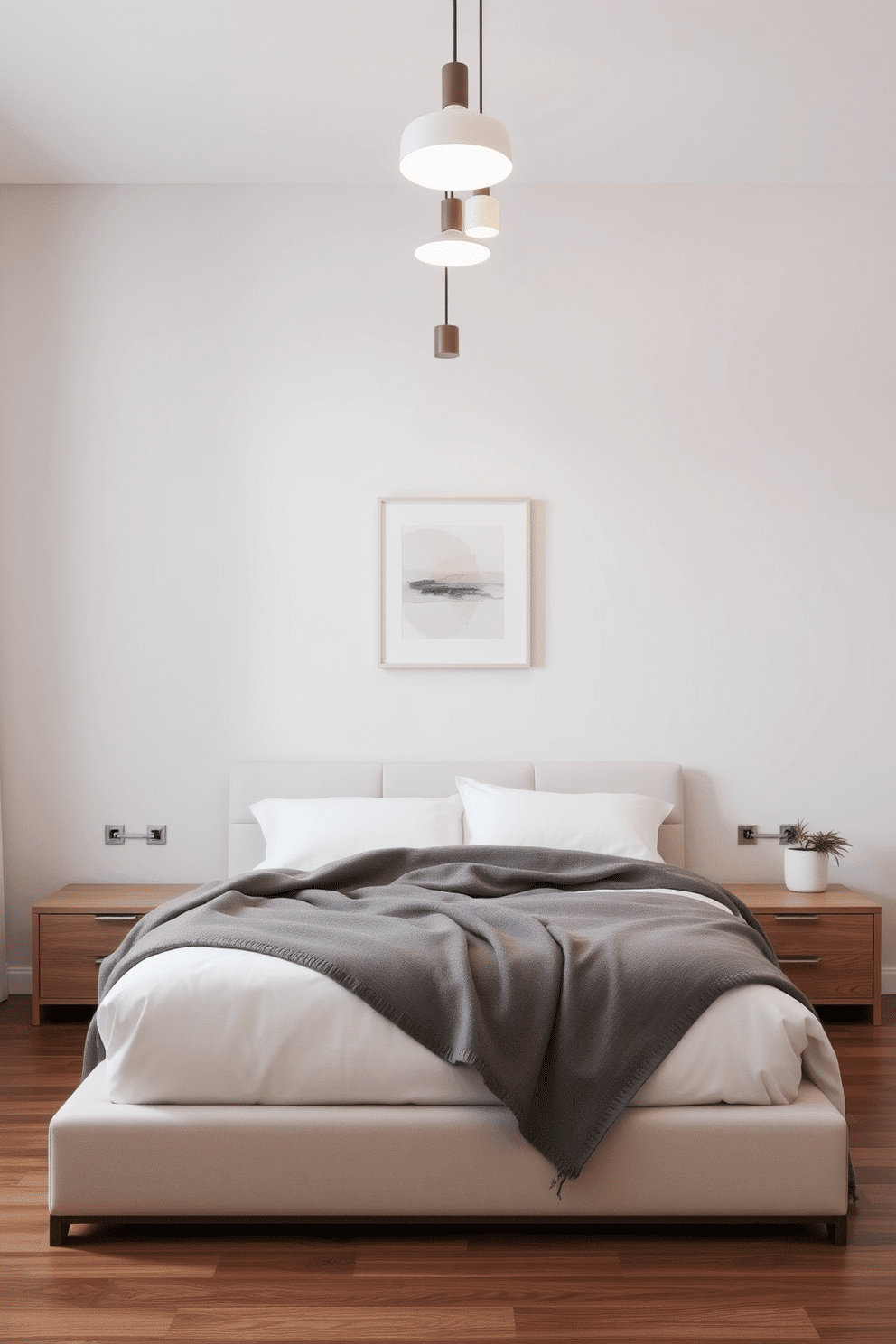 A serene minimalist bedroom embraces simplicity with clean lines and neutral tones. Compact pendant lights hang gracefully above sleek wooden nightstands, casting a soft, ambient glow over the space. The bed features a low, upholstered frame dressed in crisp white bedding and plush gray throws. A single piece of abstract wall art adorns the light-gray painted wall, while a small potted plant on one nightstand adds a touch of natural texture.