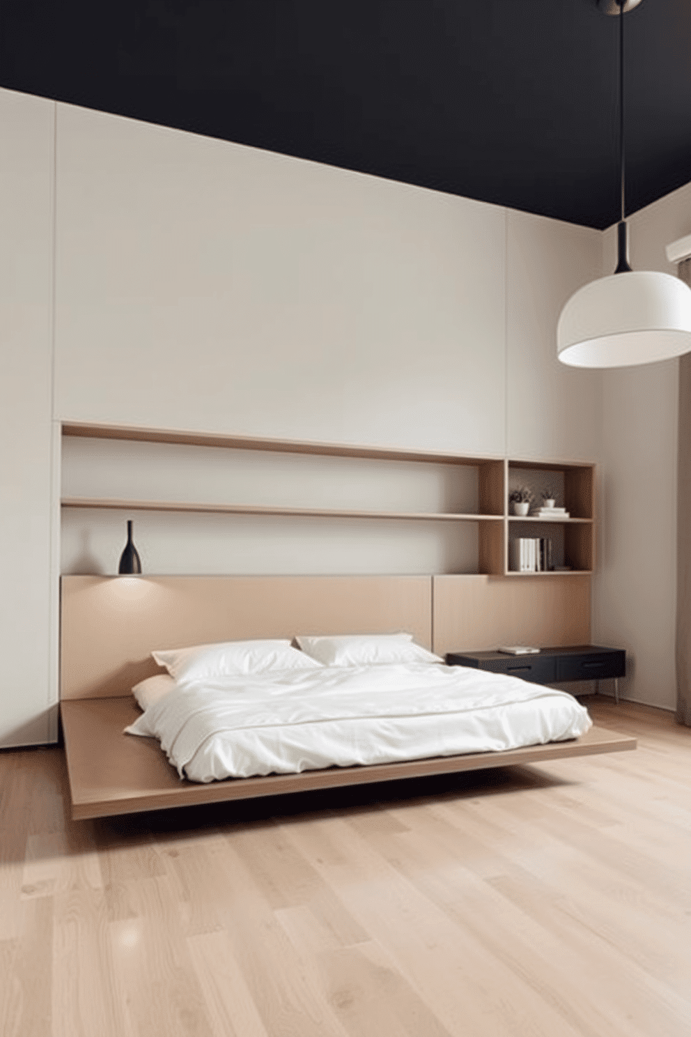 A minimalist bedroom showcasing an integrated headboard that seamlessly combines functionality and style. The headboard extends horizontally with built-in shelving units, offering space for books, plants, or decorative items. The room features clean lines and a neutral color palette with soft beige walls and light wood flooring. A low-profile platform bed with crisp white linens complements the simplicity, while a sleek pendant light hangs as a subtle accent.