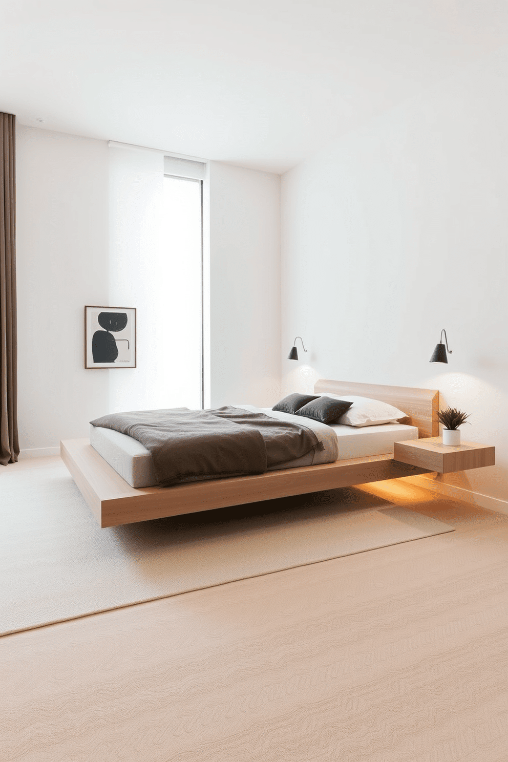 A sleek minimalist bedroom featuring a floating bed with hidden storage beneath its frame. The bed's design creates a clean, airy look, while the concealed storage offers a practical, clutter-free solution for organization. The room is adorned with neutral tones, soft lighting, and a large ceiling-to-floor window, bringing in natural light. A single abstract art piece and a small potted plant on a low-profile bedside table complete the serene atmosphere.