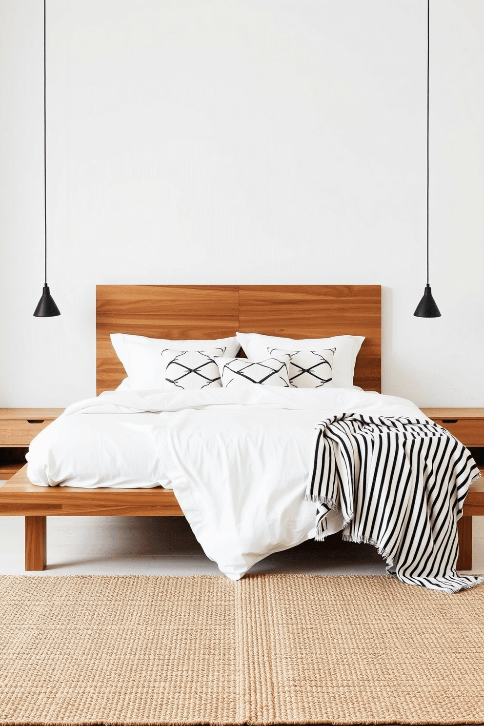 A serene bedroom with minimalist aesthetics. The bed is dressed in crisp white linens with a focus on geometric patterned throw pillows, accented by a linear black and white blanket draped at the end. A sleek wooden platform bed sits against a light beige backdrop, supported by clean lines and natural materials. Soft lighting from hanging pendant lights adds a subtle warmth, while a woven rug with linear patterns ties the room together seamlessly.