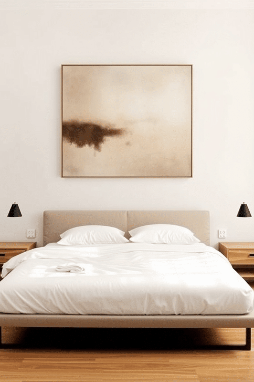 A tranquil minimalist bedroom design that exudes contemporary elegance. A low bed with a sleek frame is dressed in crisp white linens, flanked by two simple wooden nightstands. Above the bed, a large abstract painting in muted tones adds visual interest without overpowering the space. The walls are painted in a soft, neutral shade, complementing the warm wooden floors.