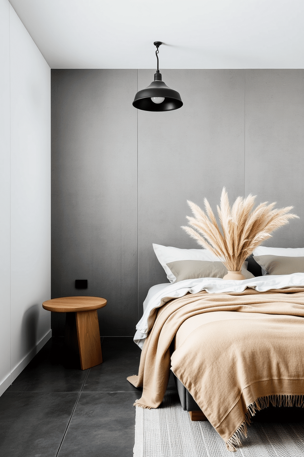 A minimalist bedroom designed with concrete finishes for an industrial yet refined aesthetic. The walls and floor are in smooth, dark gray concrete, complemented by a soft, low-profile bed dressed in neutral linens and plush throw blankets in beige tones. A black metal pendant light hangs from the ceiling, casting warm, focused light on the room. A single wooden side table with curved edges holds a ceramic vase filled with pampas grass, introducing a gentle, organic texture to balance the room's minimalist vibe.