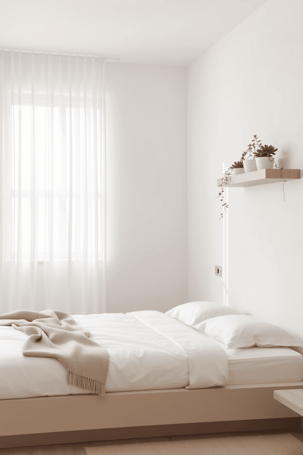 A serene minimalist bedroom with a neutral color palette of white, beige, and light gray. A low-profile platform bed is the centerpiece, adorned with crisp white linens and a single soft-textured throw. To the right of the bed, a sleek floating shelf displays small potted plants, including succulents and a delicate vine spilling gently over the edge. Diffused natural light streams in through sheer curtains, emphasizing the simplicity and calmness of the space.