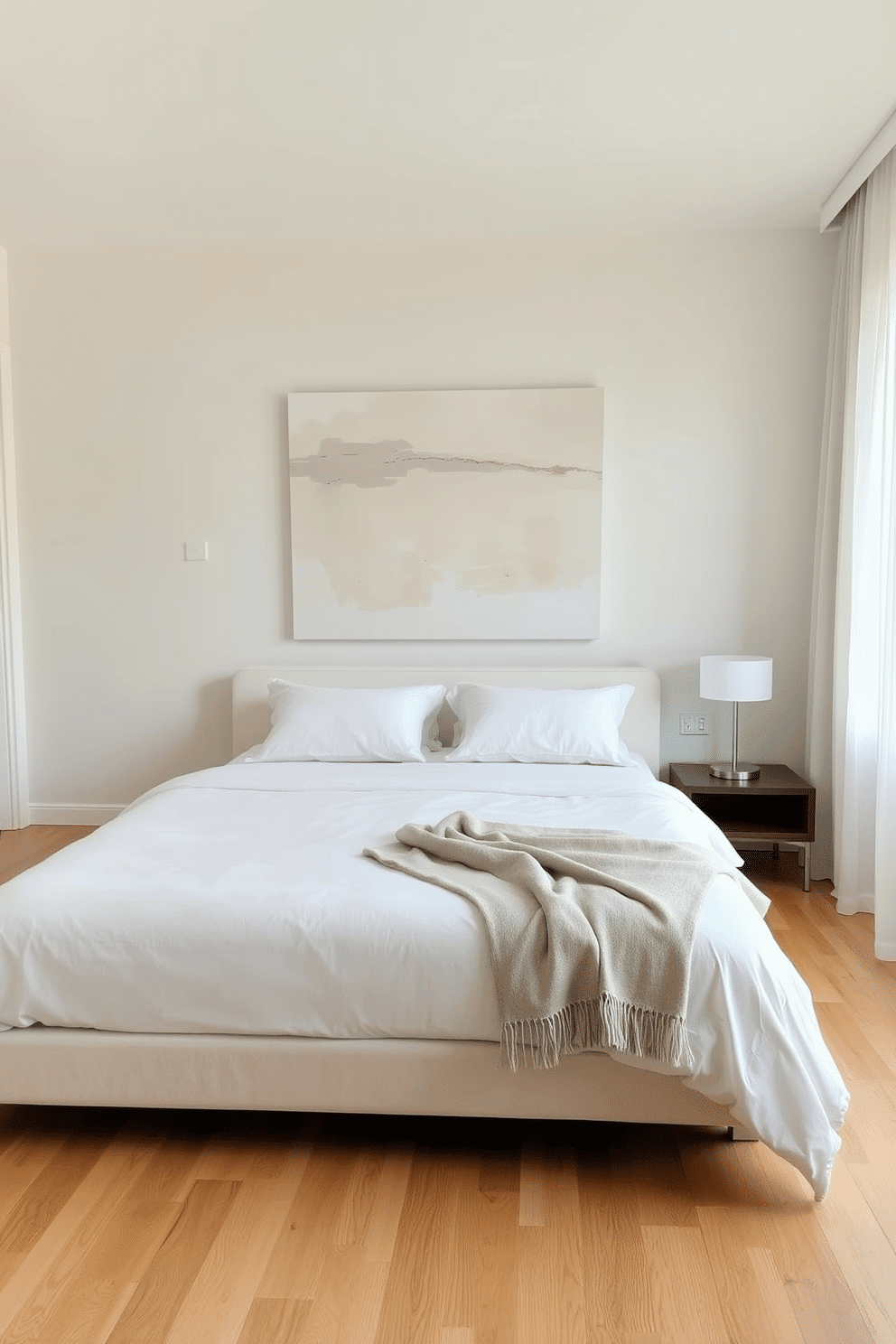 A serene minimalist bedroom with clean lines and a calming atmosphere. A large, abstract artwork in soft neutral tones takes center stage above a low-profile platform bed, complemented by crisp white bedding and a single linen throw. The walls are painted in a soft eggshell hue, contrasting subtly with warm, light wood flooring. A sleek nightstand with a minimalist table lamp sits beside the bed, while natural light streams in through sheer floor-to-ceiling curtains, enhancing the room's tranquil simplicity.