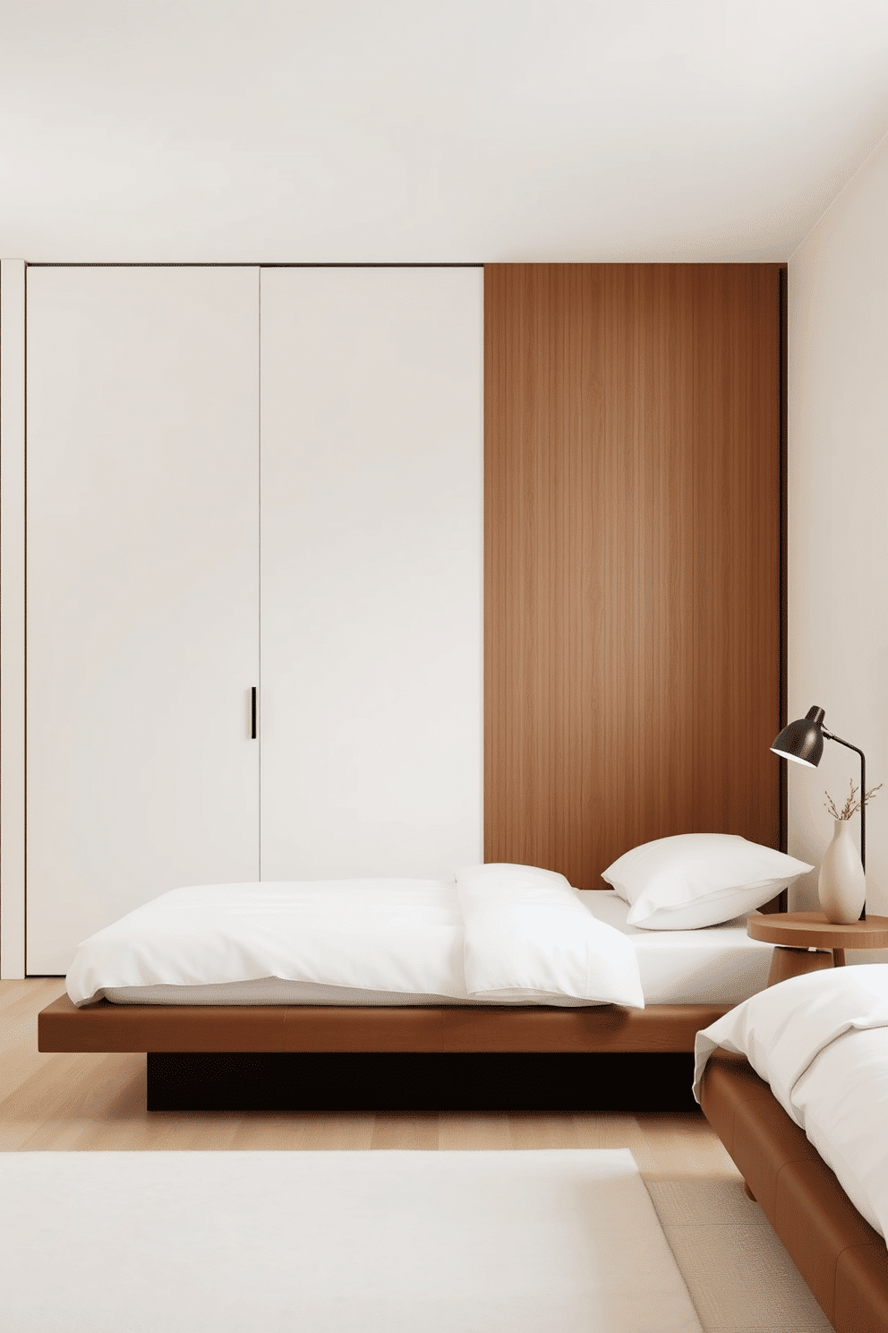 A serene, minimalist bedroom with sliding wardrobe doors. The wardrobe features sleek, floor-to-ceiling panels in a matte white finish, seamlessly blending into the room's aesthetic. The room is decorated in neutral tones, with soft beige walls and a low-profile platform bed dressed in crisp white linens. A slimline black floor lamp and a small wooden side table with a ceramic vase complete the tranquil atmosphere.